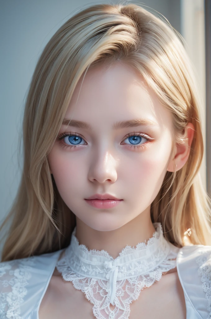 bright look、photorealism、highest quality、Super high resolution、The most beautiful Nordic girls photos、cute and beautiful face details、small face、lace tops 、big breasts、Slender、17 years old、Crystal clear white skin、big light blue eyes、blonde、asymmetrical lob hair、cowboy shot、