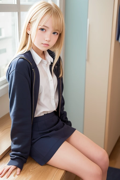 a very cute blonde 14yo girl, naked over school uniform, sitting, looking at viewer, raw photo