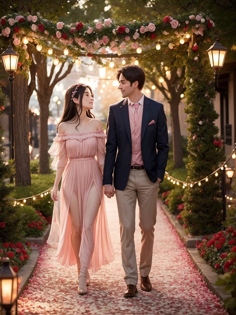 Picture a couple immersed in a romantic ambiance as they stroll through a whimsical playground on Valentine's Day. Soft hues of pink and red surround them, with heart-shaped decorations hanging from trees. The air is filled with the sweet scent of flowers, and the ground is adorned with scattered rose petals. The couple, lost in each other's company, shares tender glances under the warm glow of decorative fairy lights, creating a truly magical and intimate scene.