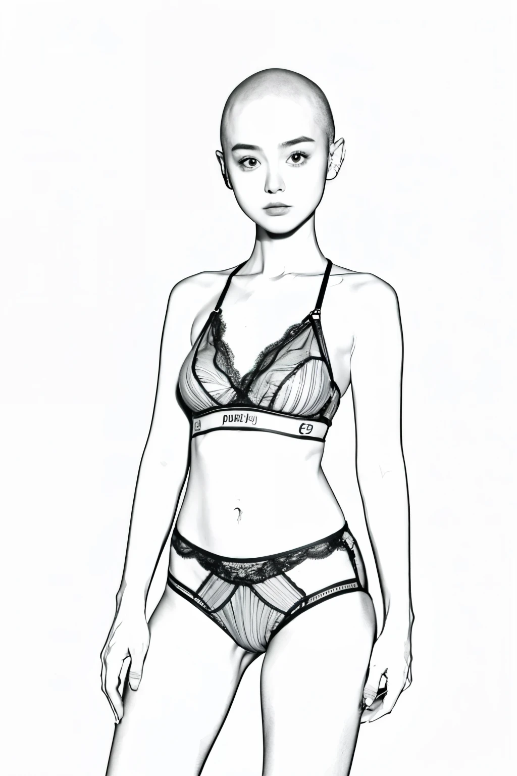 Pure line drawings，bald-headed，girl，simple tube top，stand，Physical standards，Proportional coordination，big eyes