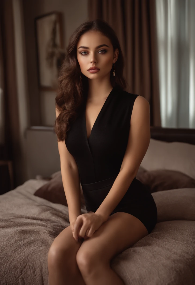 arafed woman with black classy clothes, sexy girl with brown eyes, portrait sophie mudd, brown hair and large eyes, selfie of a young woman, bedroom eyes, violet myers, without makeup, natural makeup, looking directly at the camera, face with artgram, subtle makeup, stunning full body shot, in bedroom, cleavage