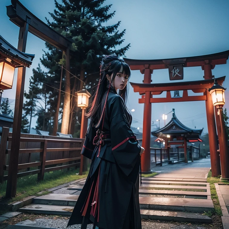 Wearing cyberpunk Japanese clothes、Torii gate with ruins in the background、Dark atmosphere based on black、Japanese God is nearby