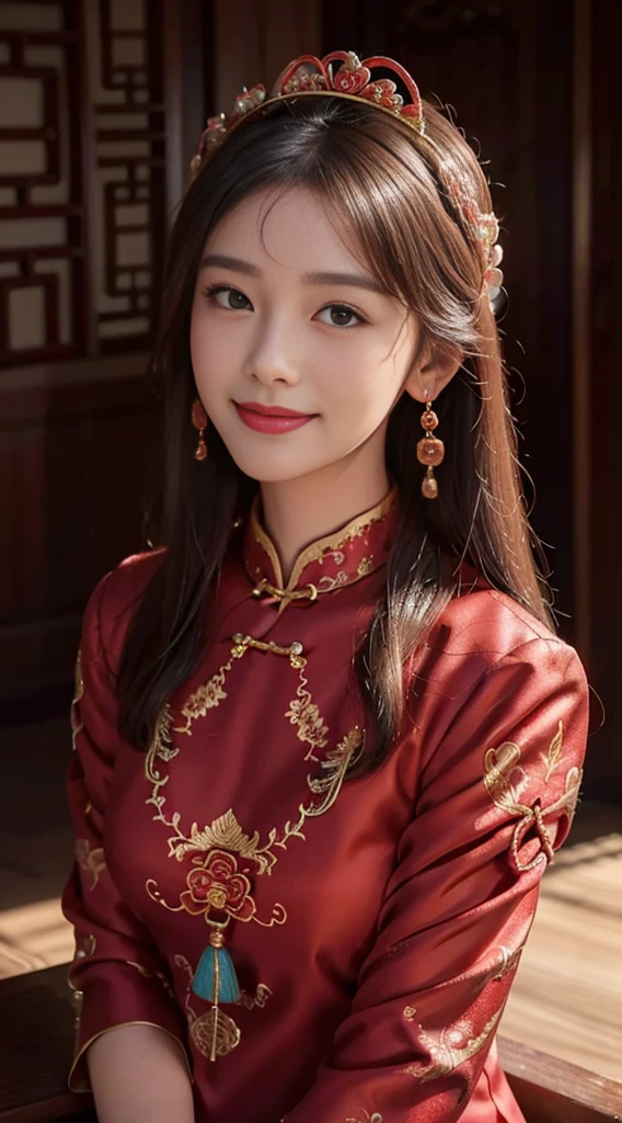 beautiful girl,coiled hair,((Beautiful red Chinese Xiuhe dress)),fine embroidery,(Beautiful and beautiful crown headdress),A pair of shiny earrings hang from the ears,sweet smile,His face flushed,smile,flowers in hand