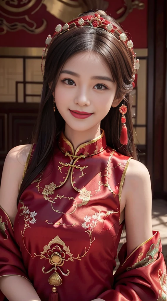 beautiful girl，coiled hair，((Beautiful red Chinese Xiuhe dress))，fine embroidery，(Beautiful and beautiful crown headdress)，A pair of shiny earrings hang from the ears，sweet smile，His face flushed，smile，flowers in hand