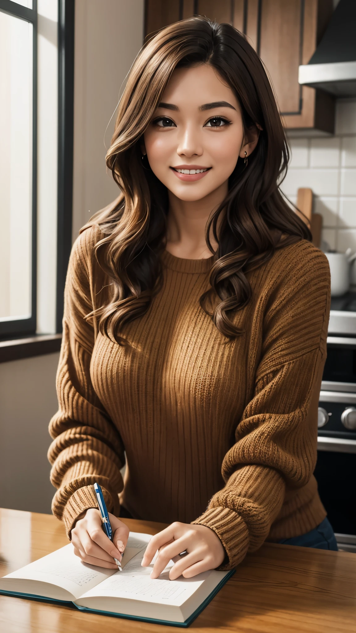 best quality, masterpiece, illustration, realistic, photo-realistic, amazing, finely detail, incredibly absurdres, huge filesize, ultra-detailed, highres, extremely detailed CG unity 8k wallpaper, ray tracing, close-up, upper body, nsfw, A cute woman wearing a gingerbread-colored brown dress made of rough textured material with white frosting trim in a raised relief design and red sprinkles decoration, standing in a cozy brick kitchen. Digital art.