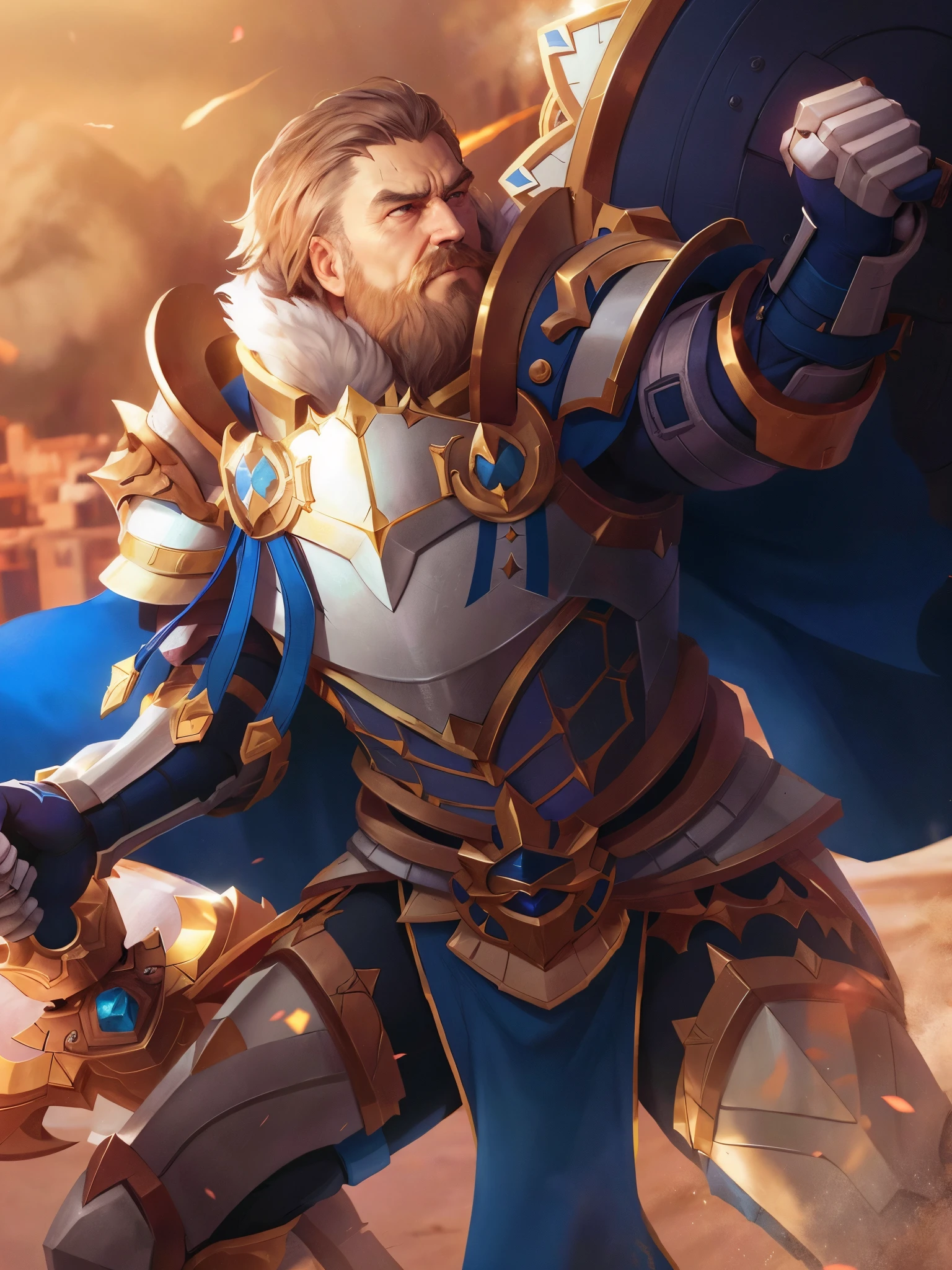 there is an old man in a blue and gold outfit holding a shield, male paladin, a human male paladin, fantasy paladin, holy paladin, arsen lupin as a paladin, gold paladin, paladin, paladin!, epic paladin armor, blizzard warcraft artwork, paladin golden armor, warcraft character, paladin armor, mustache with long beard, cinematic, high quality, holding a big round shield