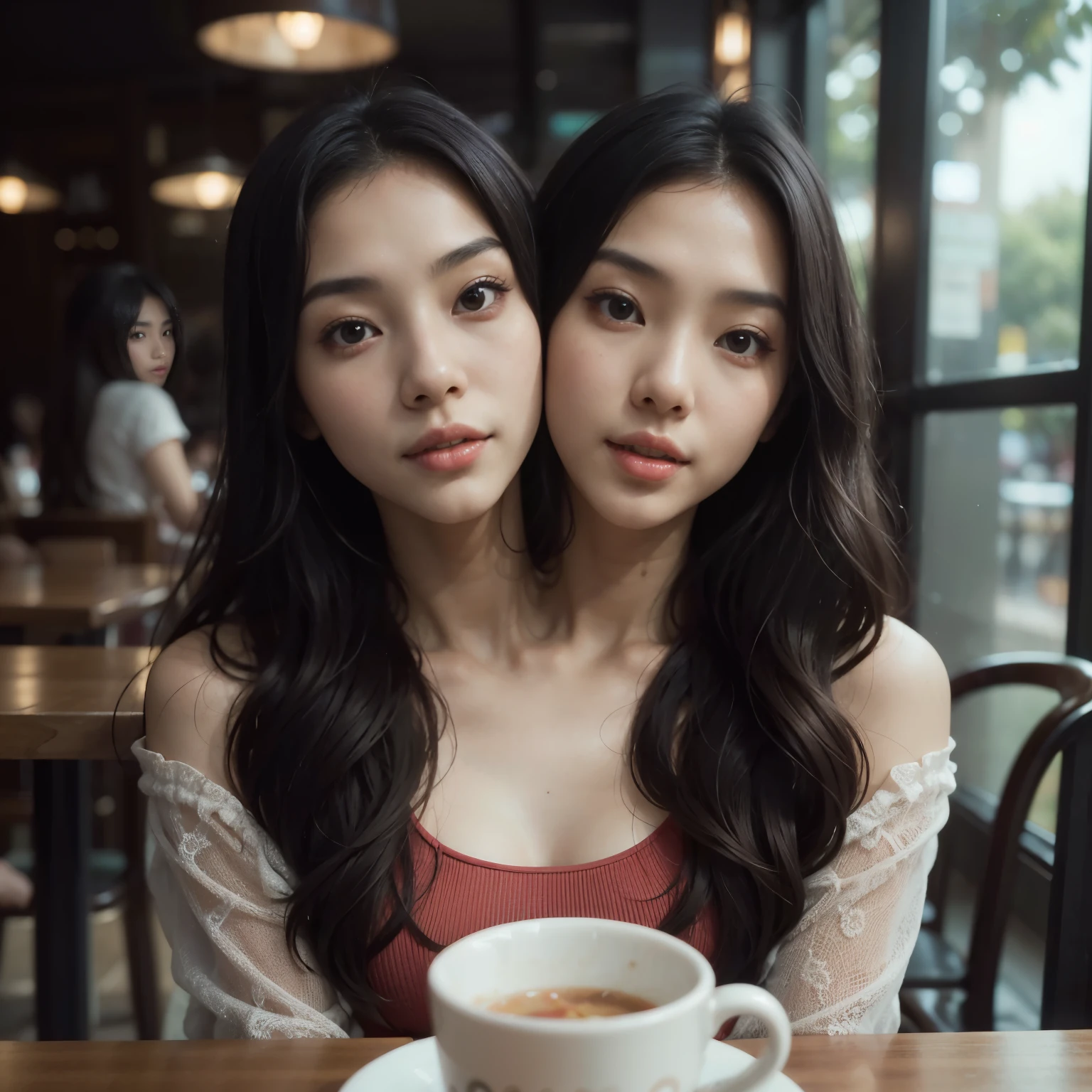 best resolution, (two_heads:1.2), asian woman with two heads, 21 years old, youthful, wearing a wearing a two piece dress, sitting at a restaurant table, staring at viewer