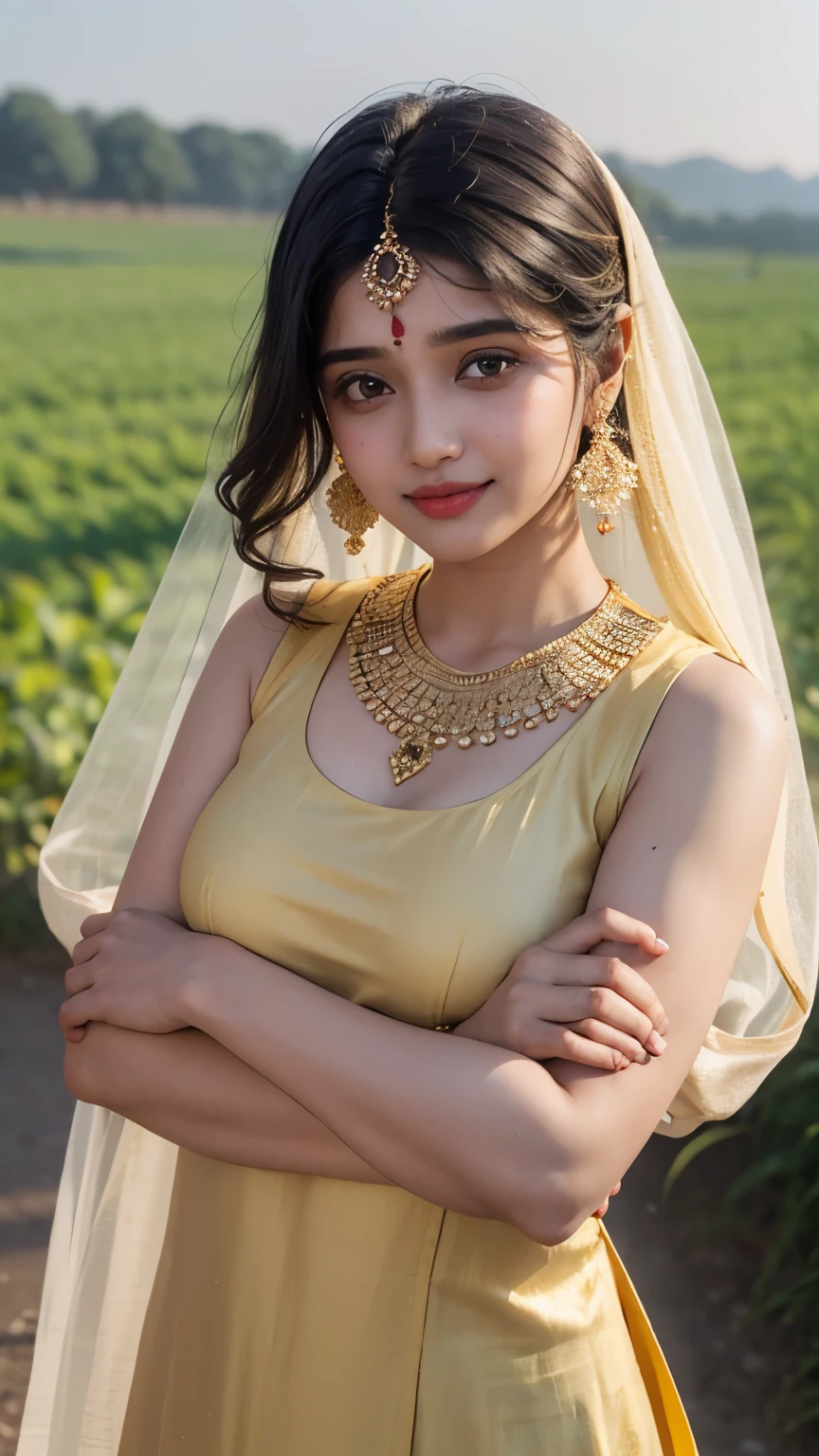 (((desi girl))), chubby face, natural skin, wearing hot deep neck khamir salwar and dupatta, charming black hair, Badi Choti ((hair ends are blonde)) Chehre per smile jor se Hans rahi ho Khet Mein Bada gana Khet background, bokeh