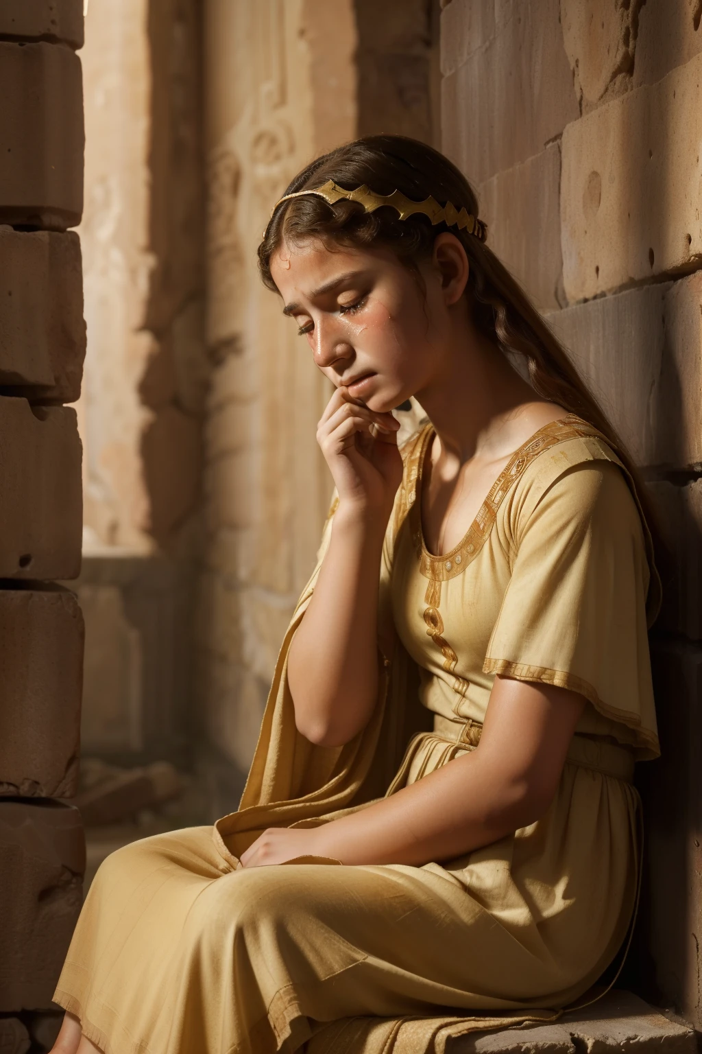 Rome, 77 BC. A young ((((15-year-old)) Cornelia Cinna)), at home, ((teary eyes, tears running down her face, unconsolable crying)). ((((roman clothings from the 1st century BC))))