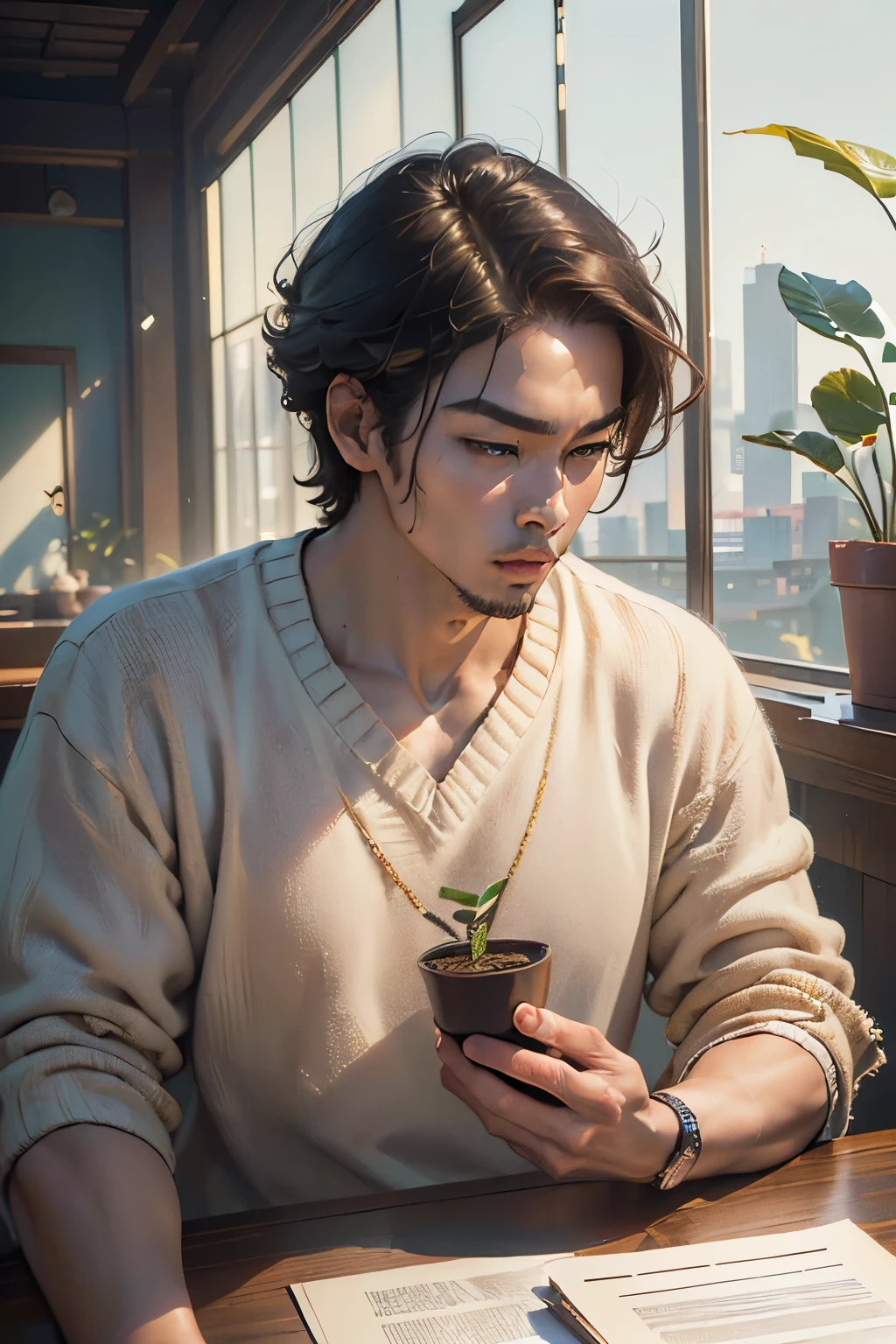 ((Double对话))(Double)(handsome guy)((profile))，((male））(（In the room）)，building，plant，mixed korean，The background is blurred，focus，light，(((masterpiece))), ((best quality)), ((complex and detailed)), ((Surrealism)), ridiculous resolution, milf, , perspective, Very detailed, Enlightenment