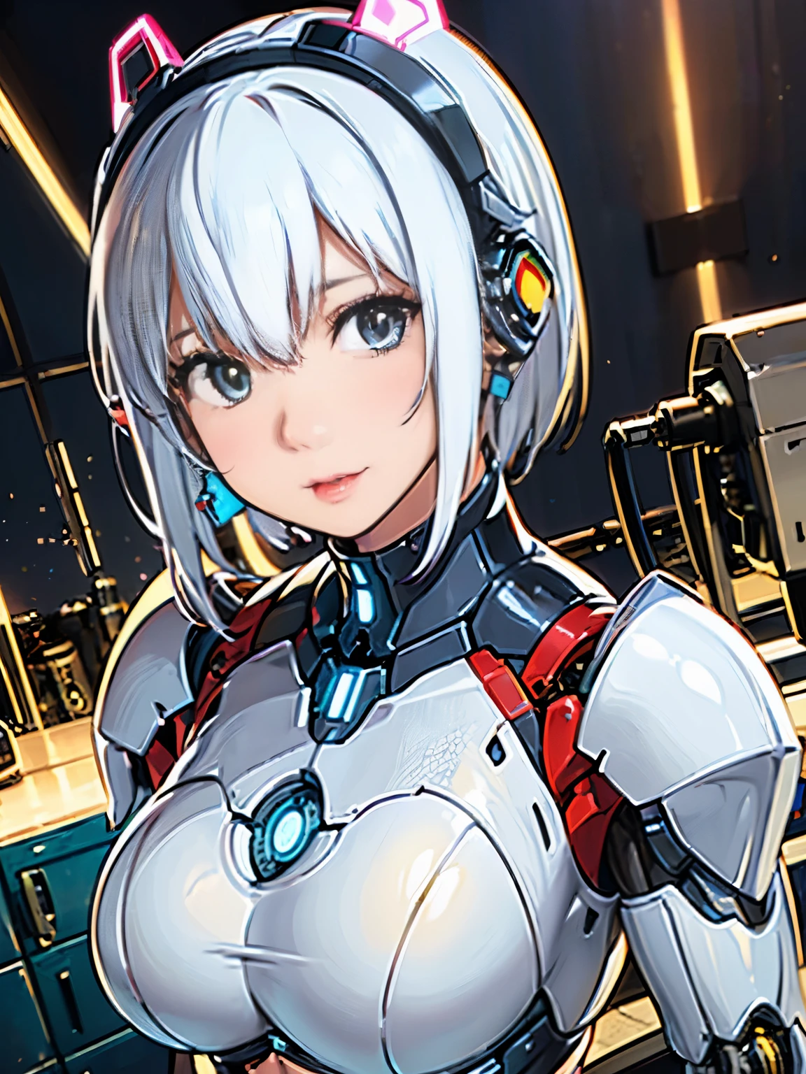 ((((alone:1.6))))、未来的な白い光沢のある重装甲robot suitを着た女の子が写真を撮る、perfect android girl, Gynoid cyborg heavily armored body, perfect anime cyborg woman, beautiful female android!, female robot, fully robotized girl, cute cyborg girl, robot suit, Girl wearing mechanical cyber armor, cyber suit, beutiful white girl cyborg, beautiful female android, beautiful girl cyborg、cute cyborg girl with short bob hair、Gravure Model Android Beautiful Girl、(laughter)、((Rounded white massive chest armor:1.8))、(((Mechanical headgear in both ears:1.6)))、(((robot girl)))、(((Beautiful Girls Android)))、(((Face waiting for kiss:1.6)))