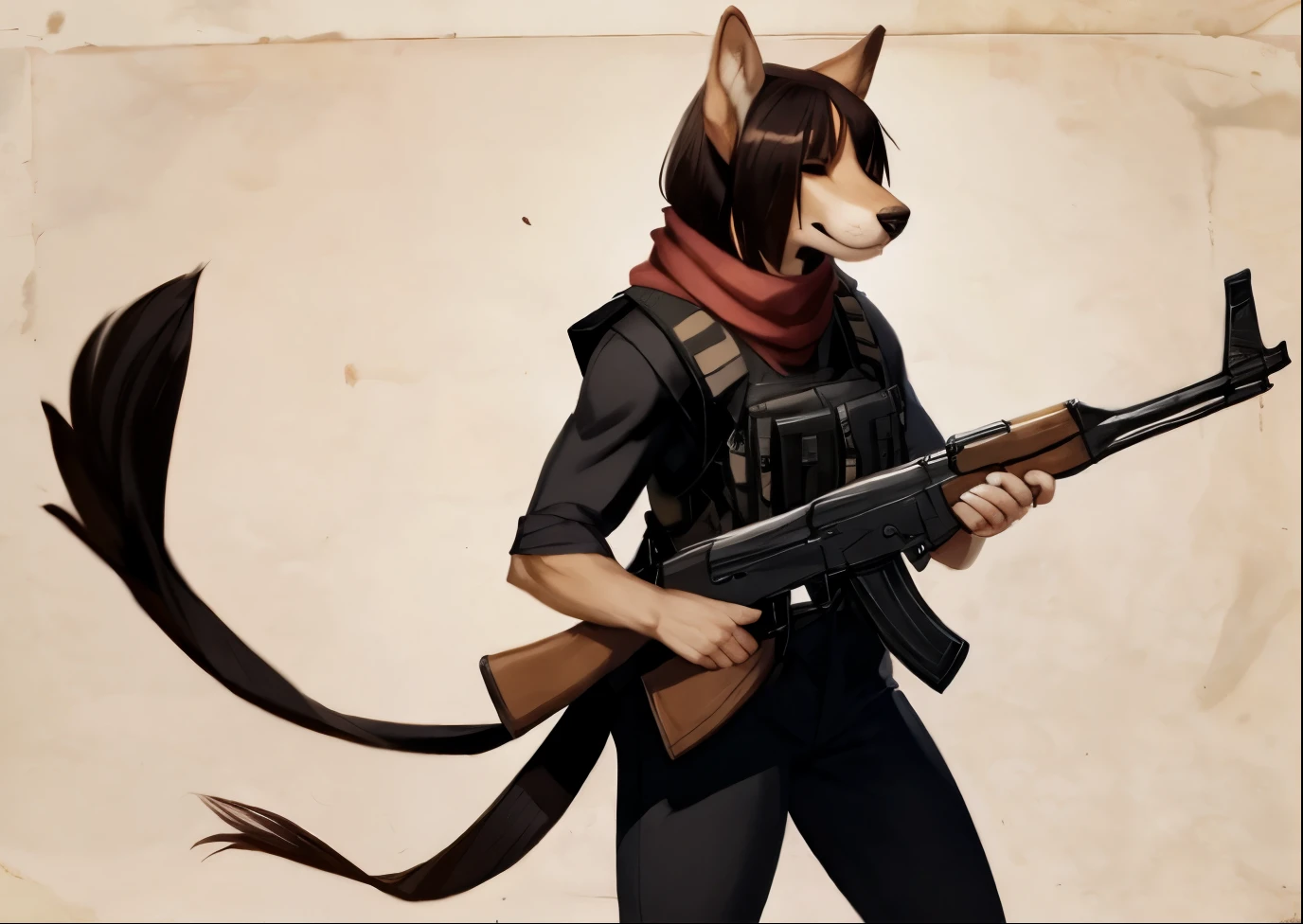 By bebebebebe, by lostgoose, by goonie-san, female, ((canine, snout, hair covering eyes, straight hair, medium hair, flat hair, ears, thin snout)), brown fur, (big poofy tail, raised tail), dark maroon hair, (muscular), (big breasts), solo, ((holding AK47, AK-47)), black jeans, white scarf, bulletproof vest, standing