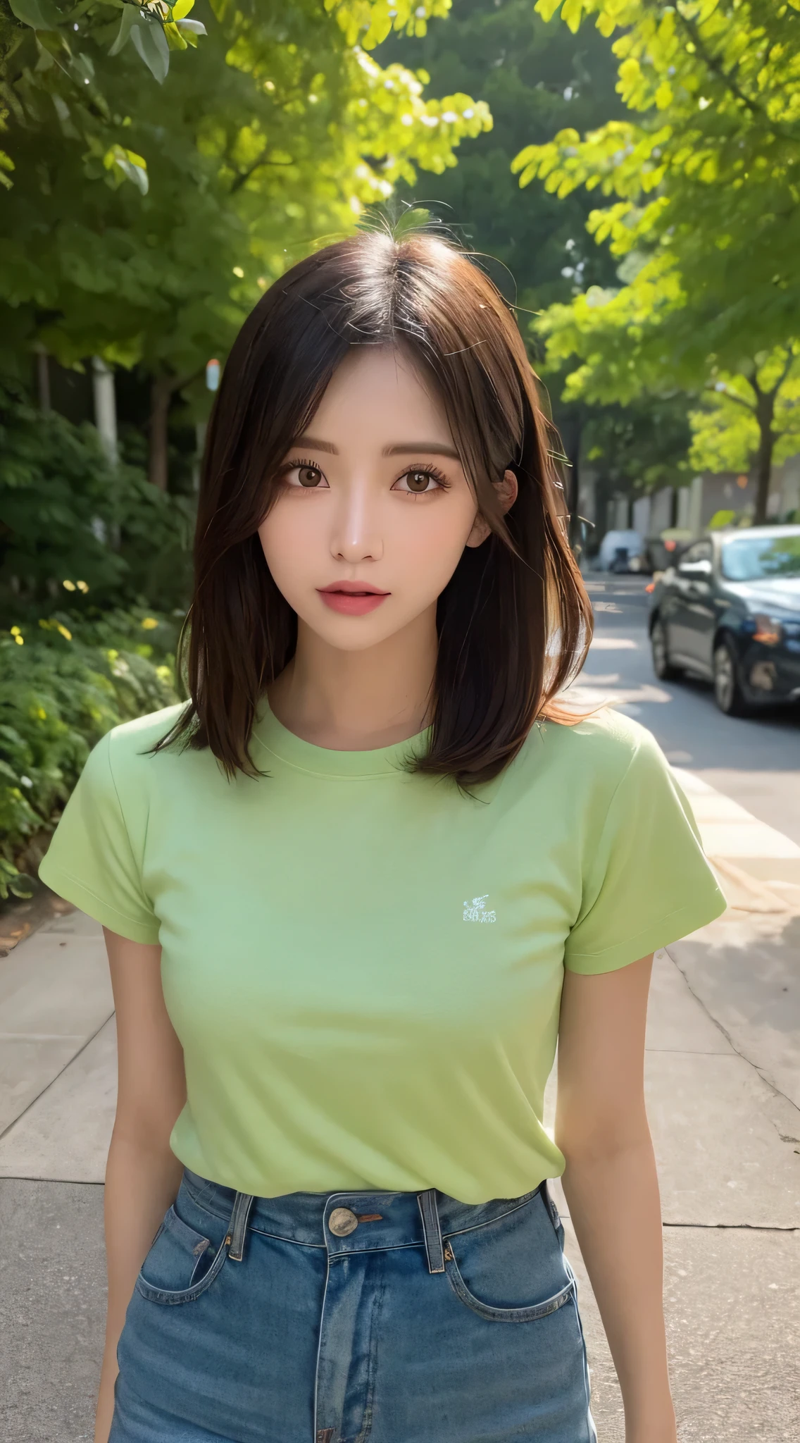 mesa, Mejor calidad, illustration, ultra detallado, finamente detalle, high resolution, Fondo de pantalla 8K, Perfect dynamic composition, hermosos ojos detallados, ropa casual, Color natural de labios, pechos grandes, cuerpo completo, asiatica, fondo verde