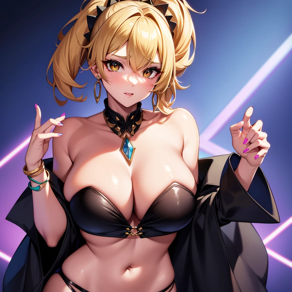 (Chica: 1.3, big: 1.2, senos: 1.1),
A woman with large breasts poses confidently for the camera, (senorita: 0.5), (solo: 1),
(High resolution: 1.1, 4k: 1), best quality, masterpiece,
Detailed face: 0.8, vivid colors, (deep cleavage: 0.8), (black strapless top: 1),
(Jewelry: 1), long necklace, earrings, bracelet, (earring piercing: 1),
Boosting her confidence, she strikes