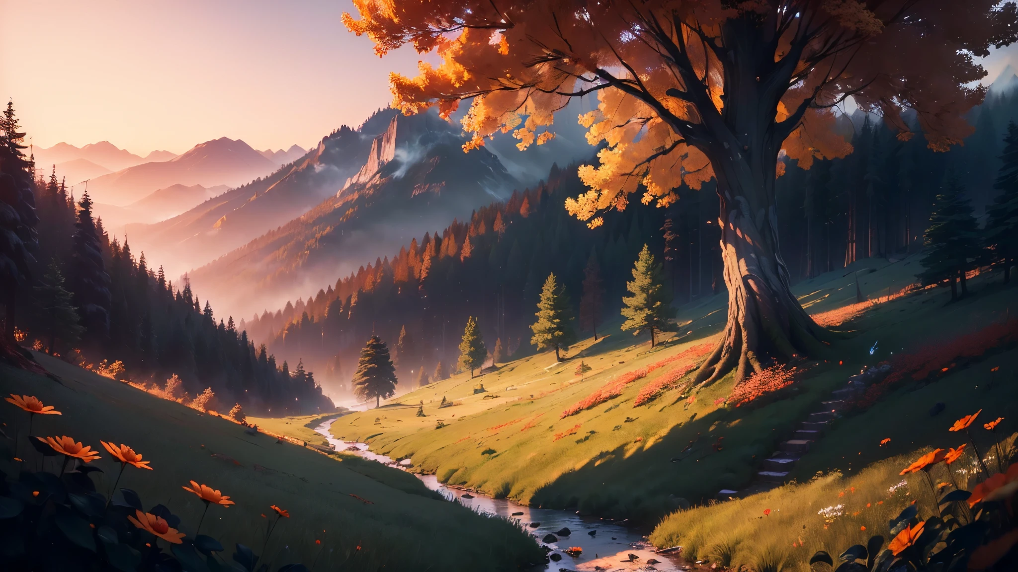 ((masterpiece:1.4), extreamly detailed, best quality, 8k, ultra hd), white and red colors, forrest, valley in the middle of the forrest, dark fantasy, deviant art contest winner, a lot of field flowers, dusk, a lot of fireflies, mistic atmosphere