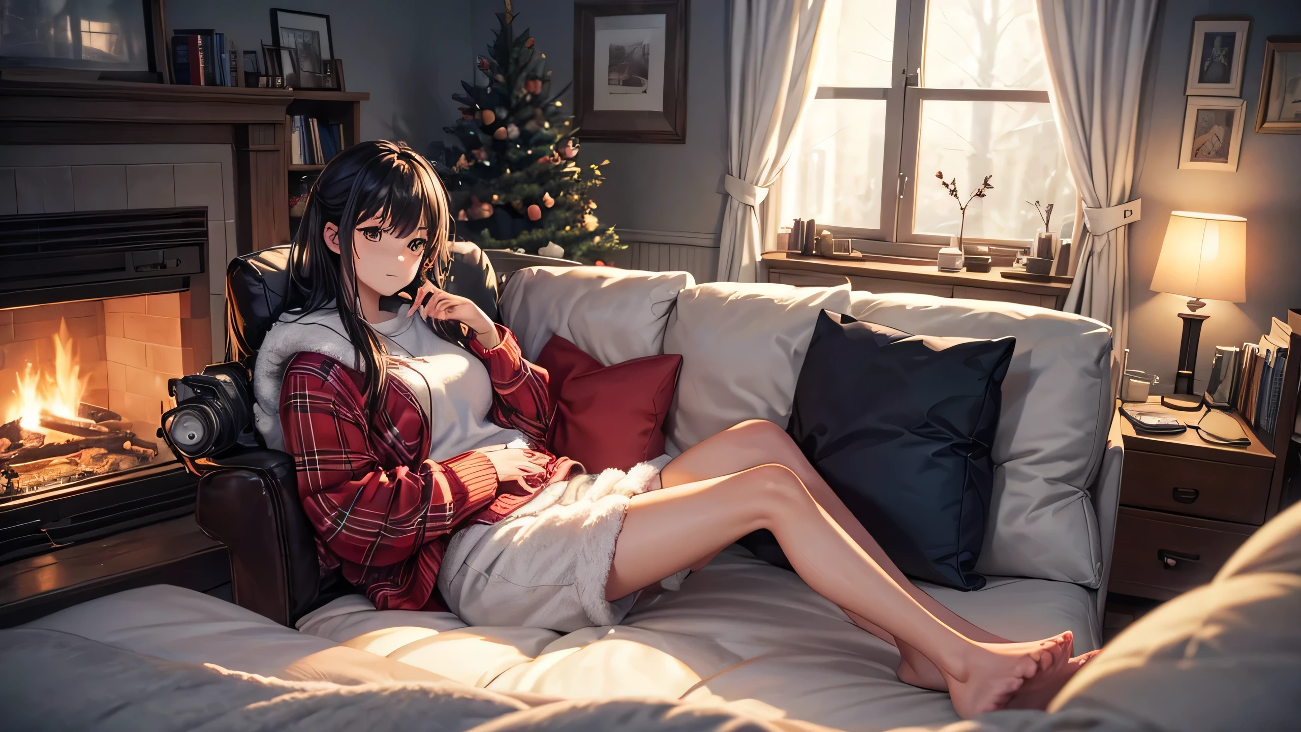 Cute characters like photographers and entertainers, Relax in the cozy living room with a warm fireplace. Outside the window, snow is falling gently, Creates a quiet and peaceful winter landscape. Characters that create a relaxed and comfortable atmosphere, Perfect for Lofi Hip Hop for Relaxation theme. The image is designed with 16:Aspect ratio9, Perfect for YouTube thumbnails.