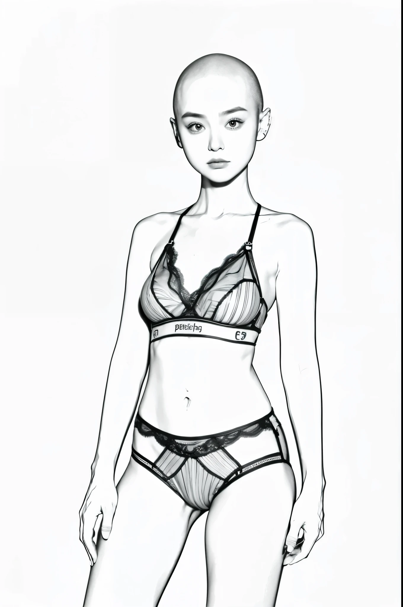 Pure line drawings，bald-headed，girl，simple tube top，stand，Physical standards，Proportional coordination，big eyes，Eyes are bigger，Remove the shoulder straps，remove gray，white underwear