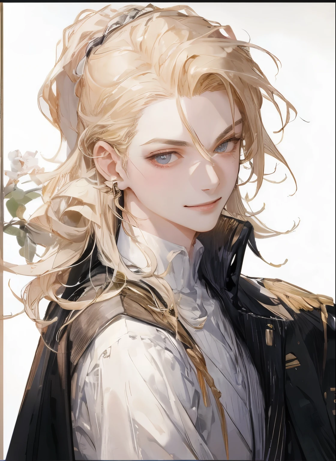 獨奏,Tile design,Durable surface金色头发,绿色眼睛,中长发,exquisite facial features, (profile picture), masterpiece, best quality, male, prince, smug, seductive smile, (blonde hair), tied hair, slicked-back, stud earrings, outstretched arm,丸子头,solo,