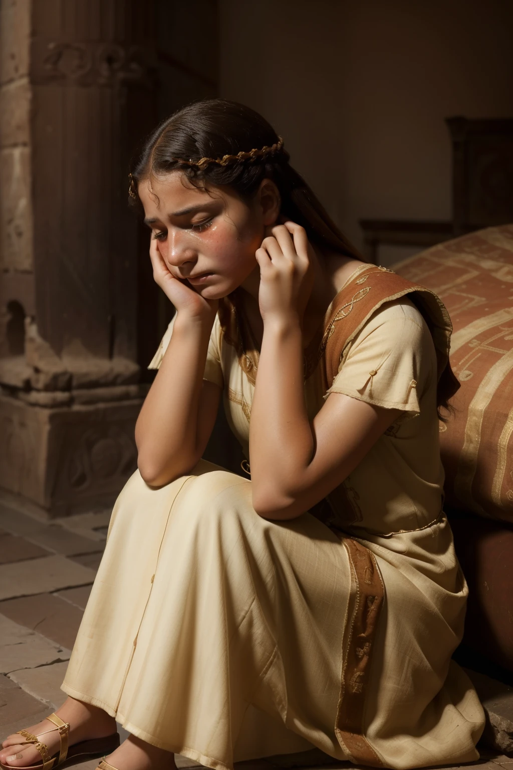 Rome, 77 BC. A young ((((15-year-old)) Cornelia Cinna)), at home, ((teary eyes, tears running down her face, unconsolable crying)). ((((roman clothings from the 1st century BC))))
