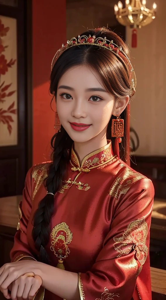 beautiful girl,coiled hair,((Beautiful red Chinese Xiuhe dress)),fine embroidery,(Beautiful and beautiful crown headdress),A pair of shiny earrings hang from the ears,sweet smile,His face flushed,smile,flowers in hand