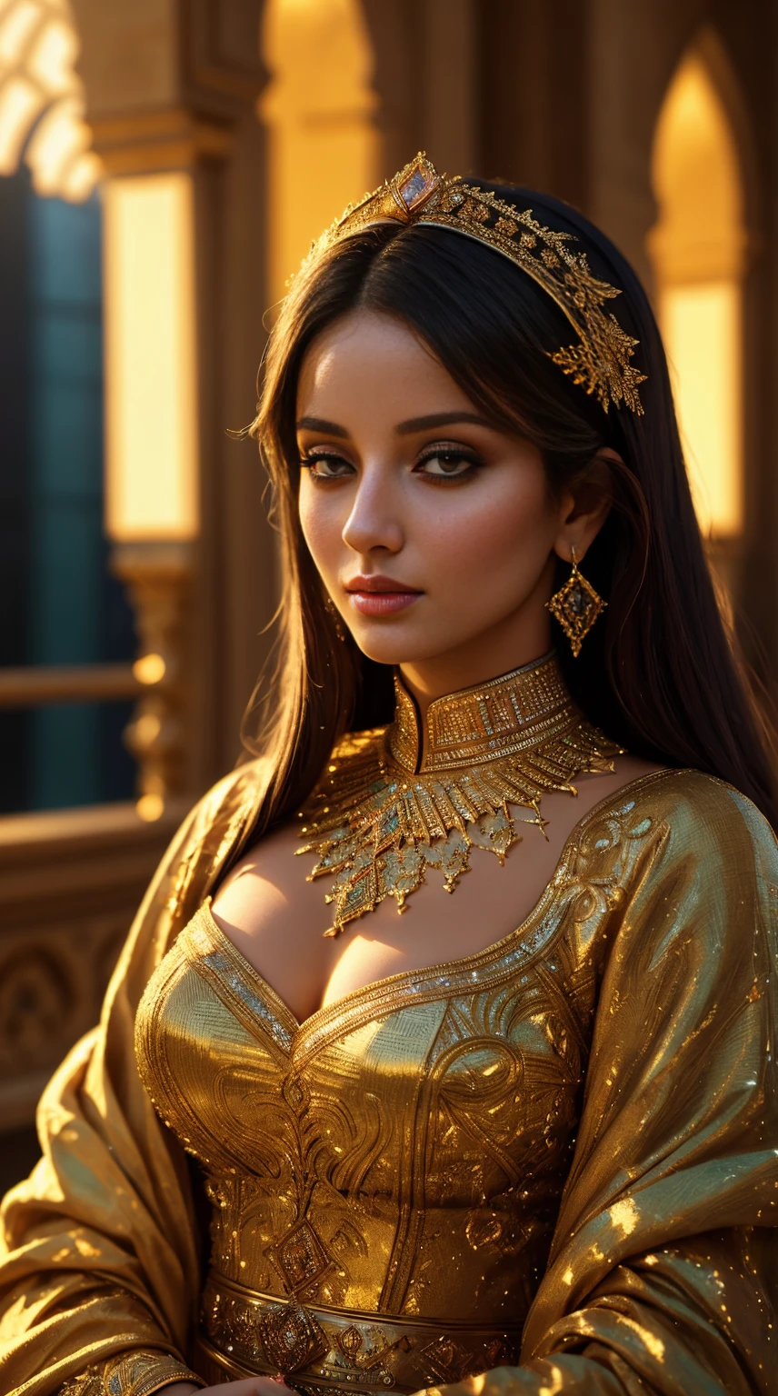 Masterpiece, upper body portrait, girl, middle ages, Yellowish saffron dress slik smooth Arabian style, classicism, andrey atroshenko style, painting, traditional media, realistic, figurative, fine art, oil on canvas, HDR, 8K, original character, high resolution, high detail, focus on the face, intricate, flawless. The background should be a magical swirl few dust small white amber blue flower