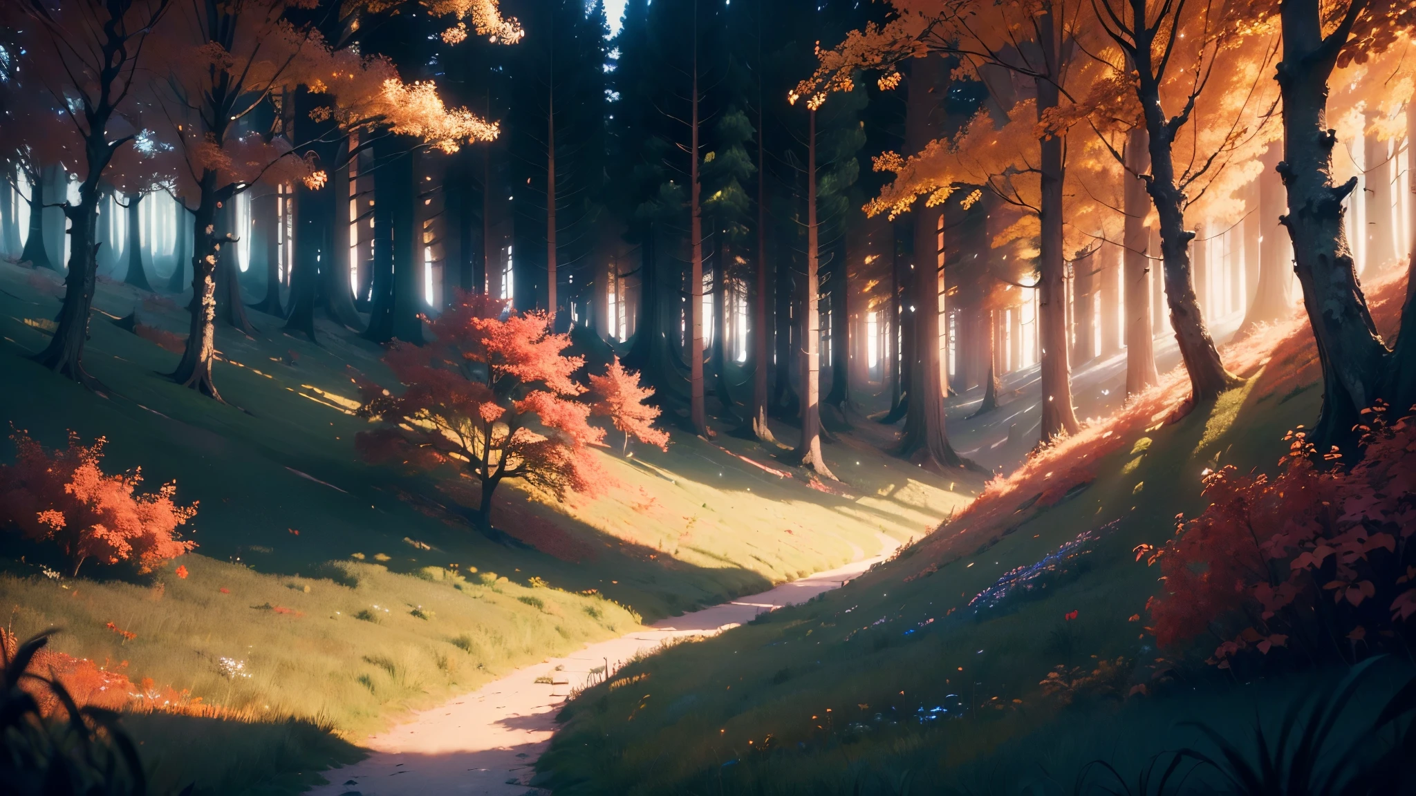 ((masterpiece:1.4), extreamly detailed, best quality, 8k, ultra hd), white and red colors, forrest, valley in the middle of the forrest, dark fantasy, deviant art contest winner, a lot of field flowers, dusk, a lot of fireflies, mistic atmosphere