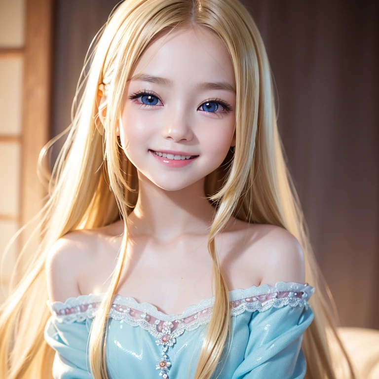 one very beautiful cute young girl、10 years old、((very happy smile ))、Embarrassed blush、shiny skin、 Very cute and beautiful face、Shiny and very beautiful pure white skin、Very beautiful and cute light blue eyes、Beautiful very long shiny blonde hair with golden shine、Beautiful cute bright look、Clear double eyelids