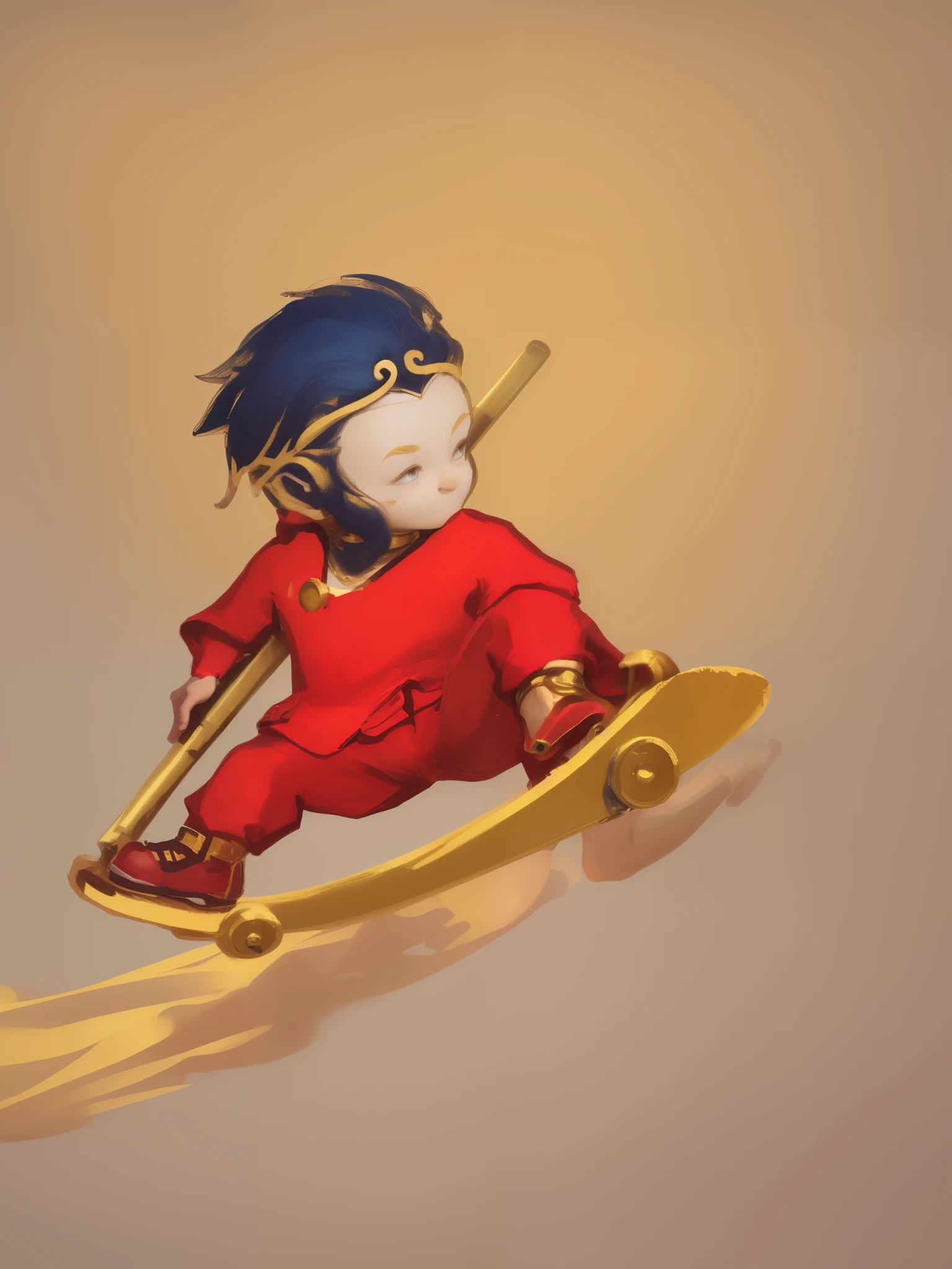 Little Sun Wukong wearing a golden hoop，Wearing red casual clothes，Holding a golden hoop rod in hand，Foot skateboard，Sliding on the lawn sky，redfootwear，Blue pants，belt，pleasant smile，一手放在踏板上一Holding a golden hoop rod in hand，natural body proportions，Clear ears and neck collarbones