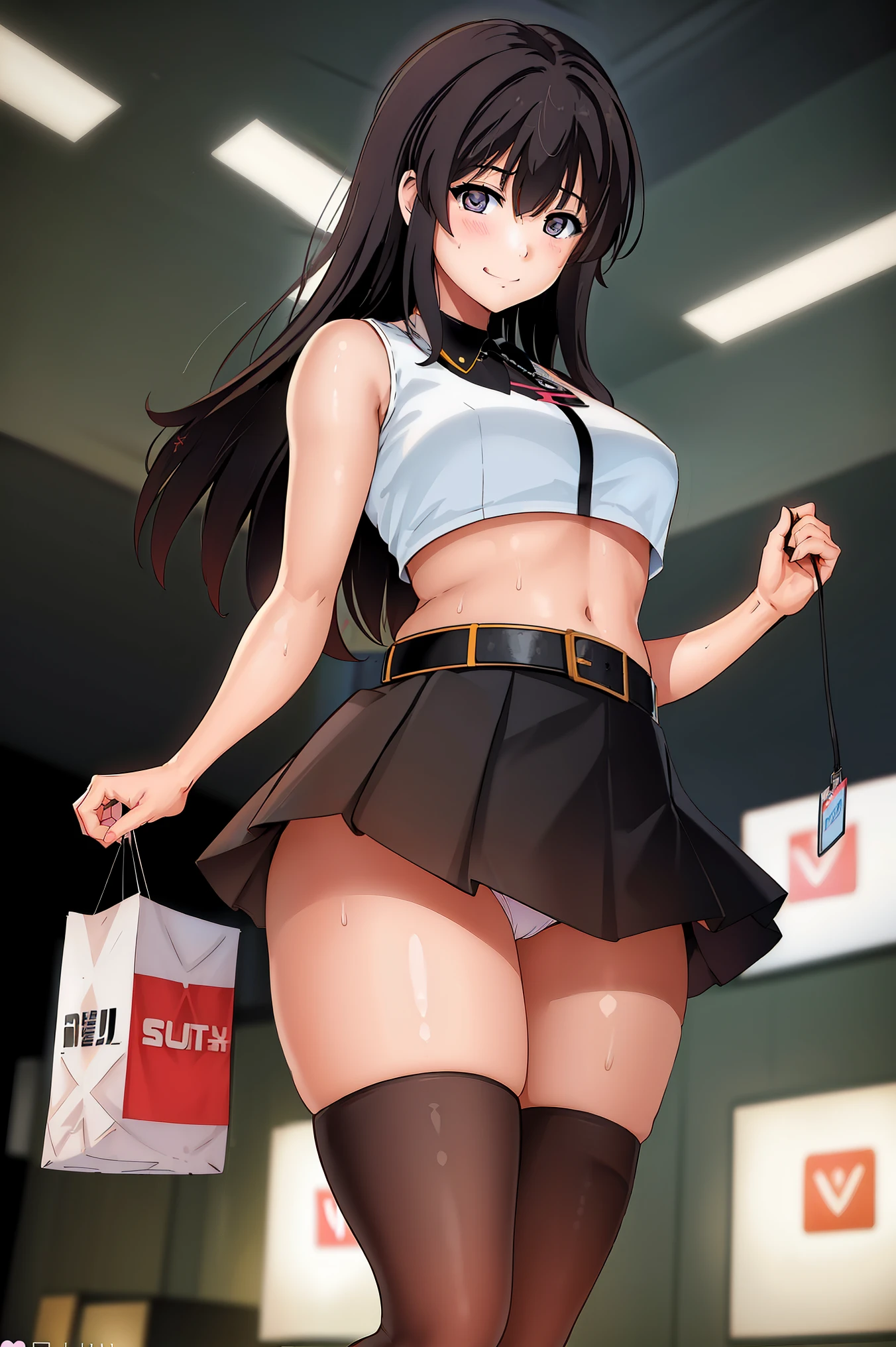 (1girl), Miyamoto, solo, mature female, mature, standing, upper body, sexy pose,
looking at viewer, happy, small smile,
demim shorts, black thighhighs, white crop top, belt,
curvy, sexy pose,
indoors, shopping moll,