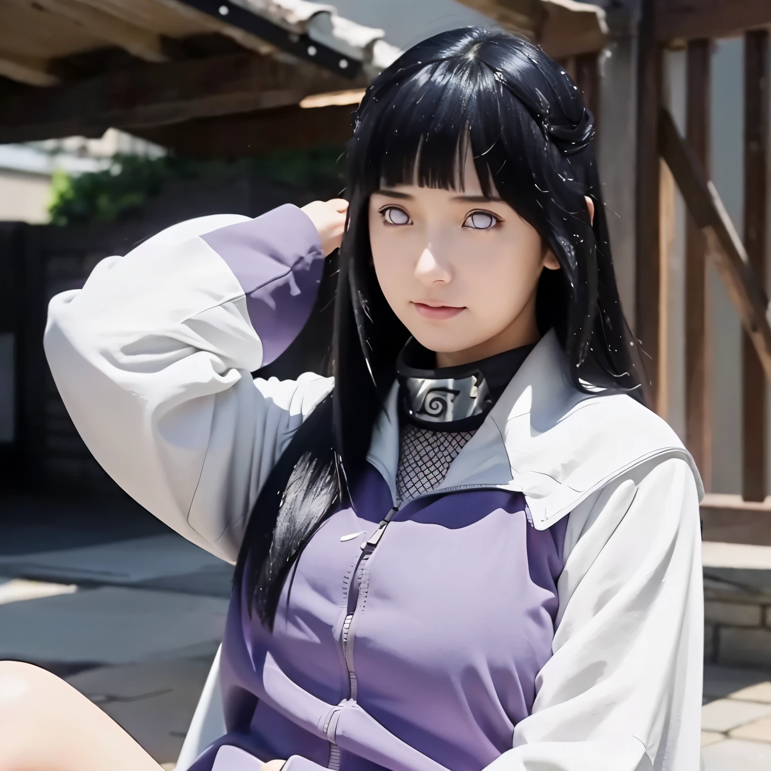 T-pose Hinata,(best quality,4k,8k,highres,masterpiece:1.2),ultra-detailed,(realistic,photorealistic,photo-realistic:1.37),beautiful detailed eyes,beautiful face,extremely detailed eyes and face,long eyelashes,tall,shy smile,wavy dark hair flowing,gentle expression,Konoha background,green leaf village,ninja headband,ninja outfit,gentle and calm nature,graceful posture