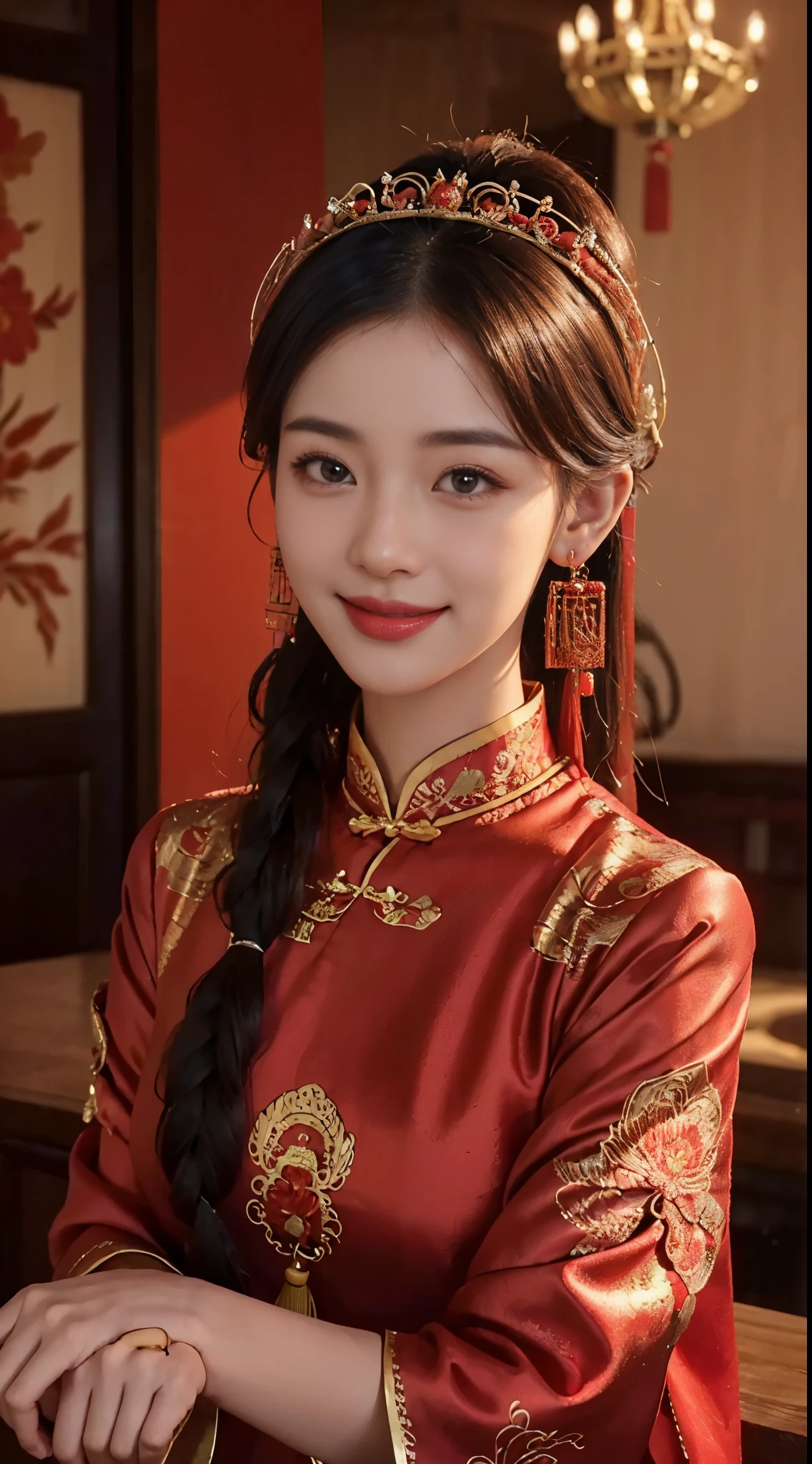 beautiful girl,coiled hair,((Beautiful red Chinese Xiuhe dress)),fine embroidery,(Beautiful and beautiful crown headdress),A pair of shiny earrings hang from the ears,sweet smile,His face flushed,smile,flowers in hand