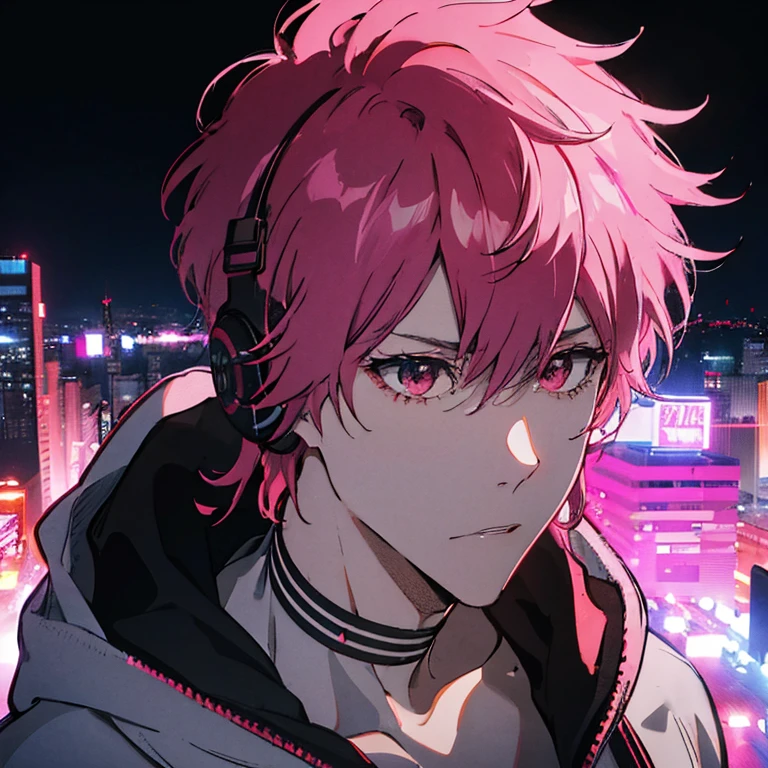 (shortcut), (two block hair), (bright pink hair), (red eyes), (Headphones、Man standing in front of a microphone in a recording studio), (oversized hoodie), (Street style), (neon), (neonデイライト), (cinematic), (stylish), (High resolution), (hyper-detailed), (Nightcore), (looking at the camera), (visualize), (top quality), (masterpiece), (Super detailed), (a handsome guy)