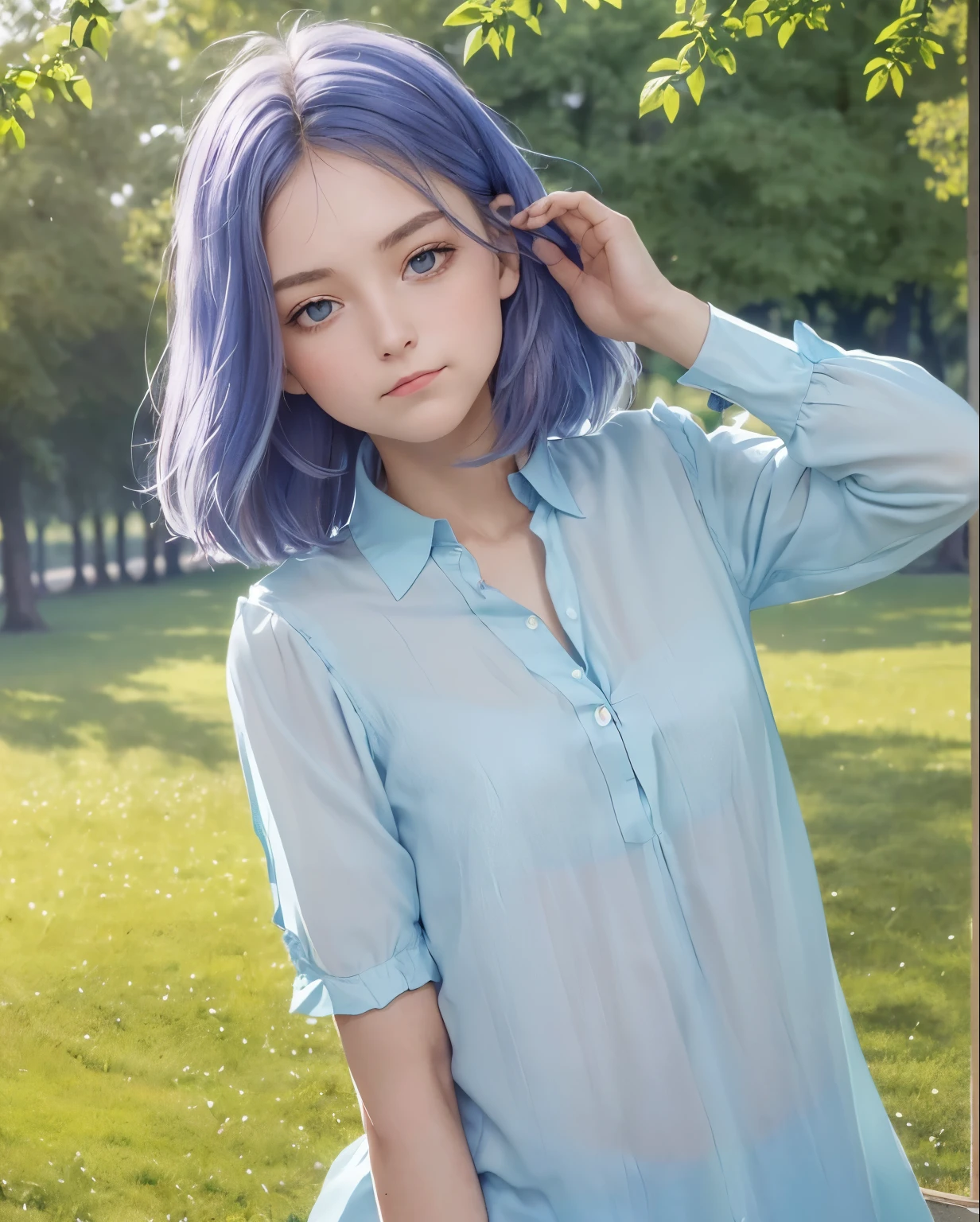 best quality, photorealistic, 8K, high resolution, Pleine couleur, 1fille, femme, 20 years old femme, (closed mouth:1.73), (skin dentition), (portrait:0.6), des arbres, banc de parc, day light, ((fond de parc:1.52)), Pleine couleur, ((chemise bleue sans manches:1.58)), Regarder la visionneuse:1.8, (1fille eyes Regarder la visionneuse:1.55), (cheveux moyens, cheveux bruns, parted hair:1.45), (Bokeh),