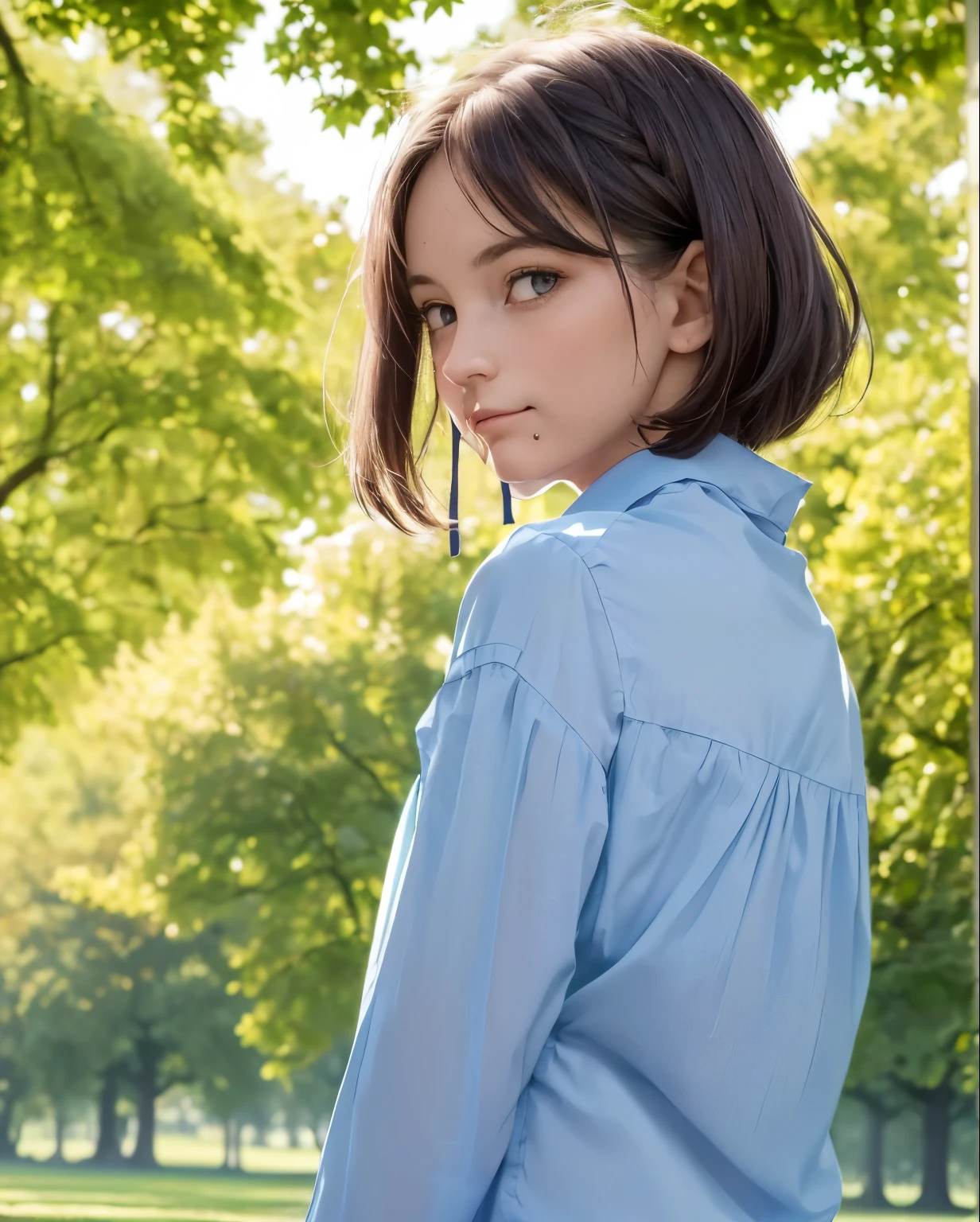best quality, photorealistic, 8K, high resolution, Pleine couleur, 1fille, femme, 20 years old femme, (closed mouth:1.73), (skin dentition), (portrait:0.6), des arbres, banc de parc, day light, ((fond de parc:1.52)), Pleine couleur, ((chemise bleue sans manches:1.58)), Regarder la visionneuse:1.8, (1fille eyes Regarder la visionneuse:1.55), (cheveux moyens, cheveux bruns, parted hair:1.45), (Bokeh),