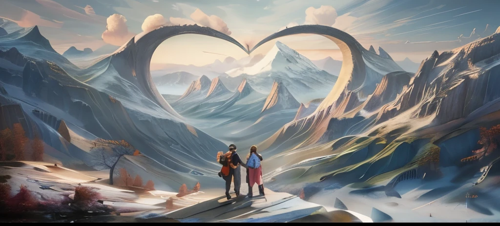 there are two people standing on a mountain top looking at a heart shaped mountain, concept art of love, silvain sarrailh, unreal engine ; romantic theme, sylvain sarrailh and igor morski, 4k highly detailed digital art, 8k stunning artwork, by Alexander Kucharsky, jessica rossier fantasy art, beautiful digital artwork