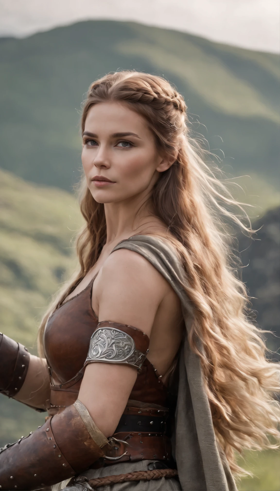 top-quality、Beautiful Viking woman、Female Viking 、viking armor、Fantasia、full bodyesbian、holds a sword、magnificent view, long curvy hair、
