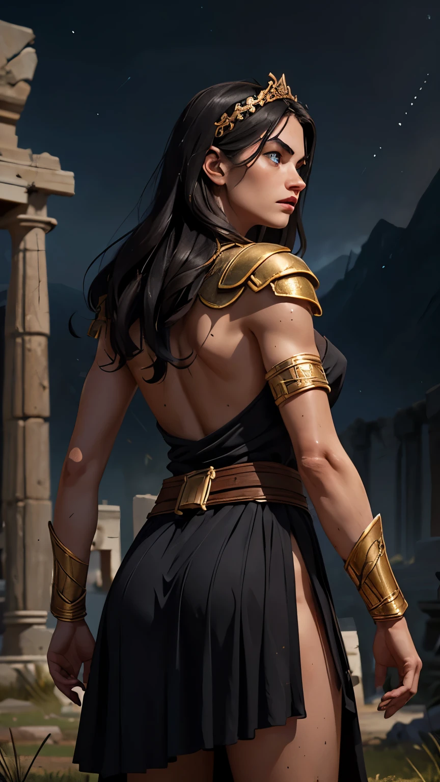 (best quality,realistic:1.37),detailed Kassandra from Assassin's Creed,fierce female warrior,assassin with perfect physique and toned muscles,beautifully crafted armor and weapon,deadly assassin with a hidden blade,authentic period attire,expressive eyes and strong facial features,intense stare and determined expression,fluid and dynamic action pose,leaping in mid-air with acrobatic agility,dark and atmospheric lighting setting,dramatic shadows and highlights,with Ancient Greece in the background,ruins of ancient temples and columns,oversaturated colors with warm tones,giving a sense of adventure and mystery,brush strokes resembling oil painting,creating a sense of nostalgia and historical authenticity.