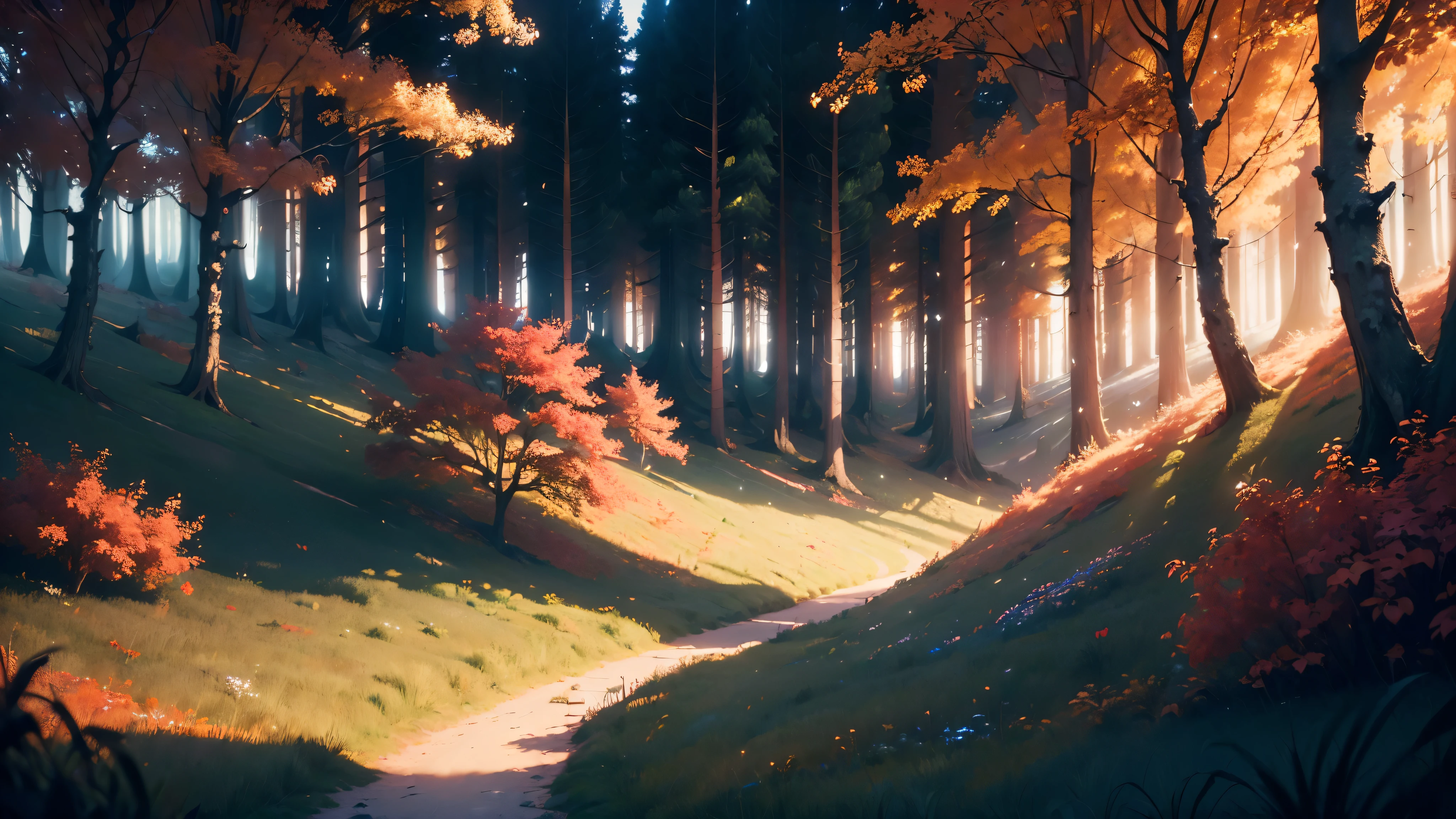 ((masterpiece:1.4), extreamly detailed, best quality, 8k, ultra hd), white and red colors, forrest, valley in the middle of the forrest, dark fantasy, deviant art contest winner, a lot of field flowers, dusk, a lot of fireflies, mistic atmosphere