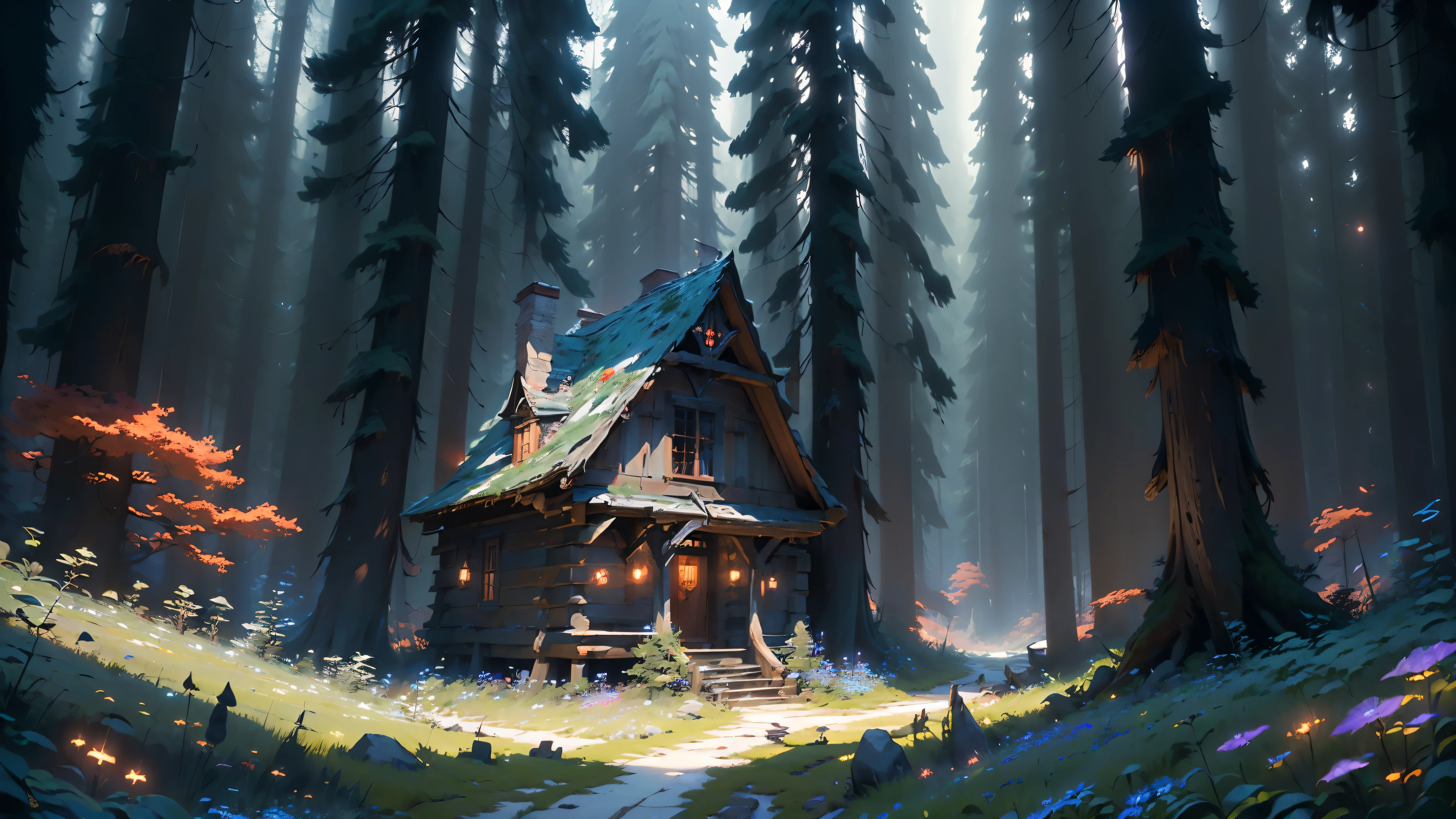 ((masterpiece:1.4), extreamly detailed, best quality, 8k, ultra hd), white and red colors, forrest, valley in the middle of the forrest, dark fantasy, deviant art contest winner, a lot of field flowers, dusk, a lot of fireflies, mistic atmosphere