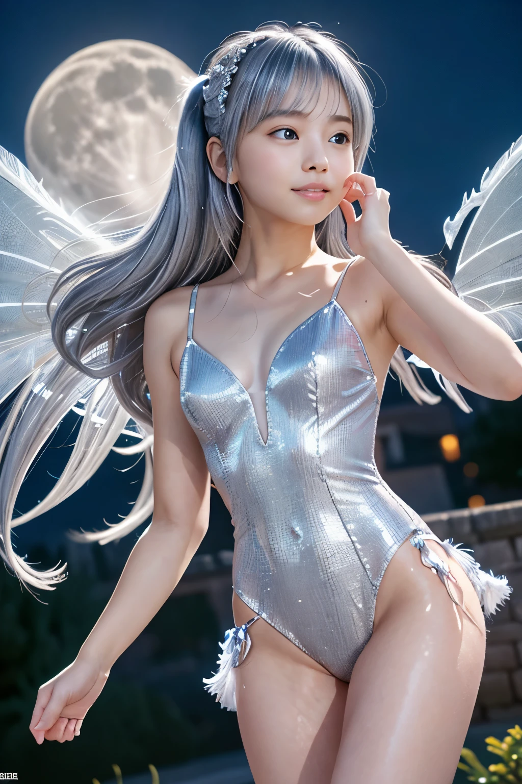 (8K、Live shooting、realistic:1.25)、1 girl、Tinkerbell looks like a 22 year old girl with a beautiful face、night view、on top of an old castle、Aori Shot、The moon is out、(silver hair、dance in the air:1.2)、Fairy wings are transparent and sparkling、whole body、swimsuit covered with feathers、lip gloss、Glossy skin、highest quality、ultra high resolution、