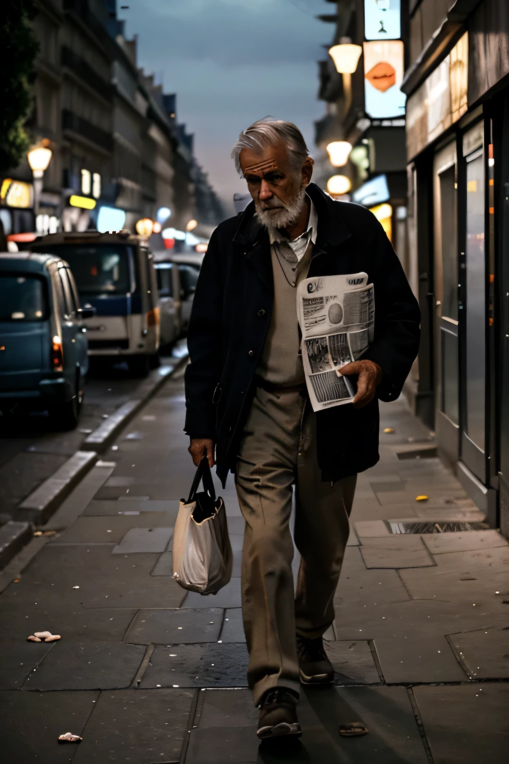 un vieil homme sans abri aux vêtements abîmés marchant la nuit avec un journal dans une rue de Paris dans les années 1950