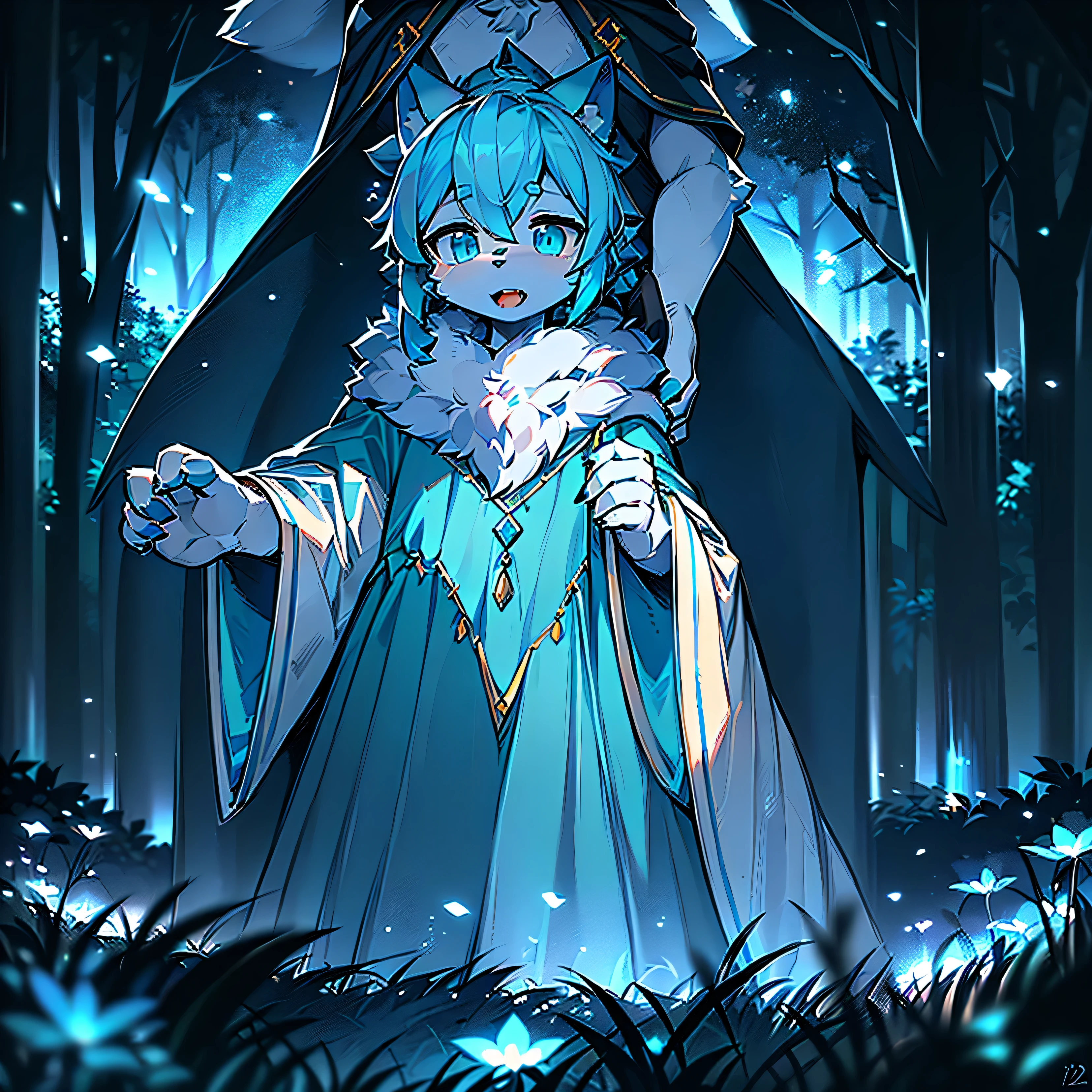 Anthropomorphic standing furry little wolf,charming, Light:极端的Light与影,(Hana Charcoal(Full Body Furry,Bust head close-up, light blue hair,Large pale blue ears,big blue eyes,The mouth is a bit big,white fur,Redness of the skin ,sky blue eyes, light blue hair:1.2), (long canine teeth、blue thick cloak,white fur trims:1.2),(night、grassland)) ,((Deep in the dark forest at night,firefly,alone,the only person)),((detail)),(depth of field),(Acting cute),(stand up))