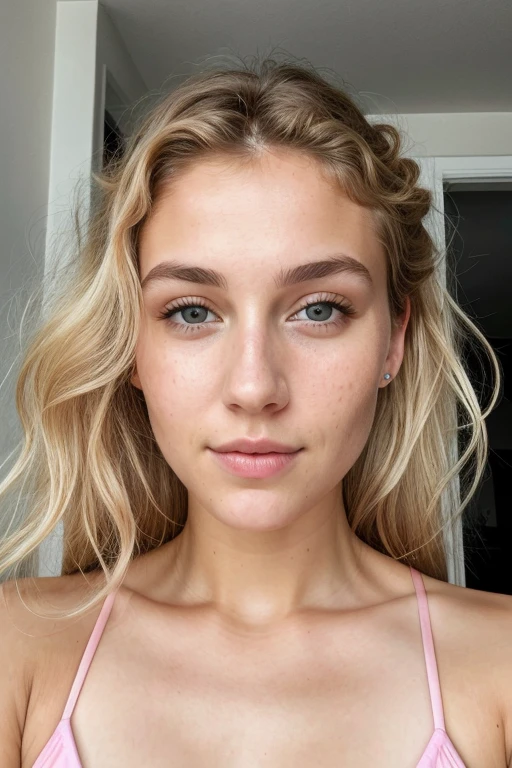 8k, ultra fine detailed hd, passport photo, portait photo, 1woman 24 years old light blonde curly hair tied, hair tied from back, ultra hd, detailed skin, porous skin texture, stunning beautiful face, looking into camera, realistic face, imperfect nose, sharpness:1.3, looking into camera, deep eye details, sharp, canon, f:1.4, hazel eyes, white skin wearing pink bikini