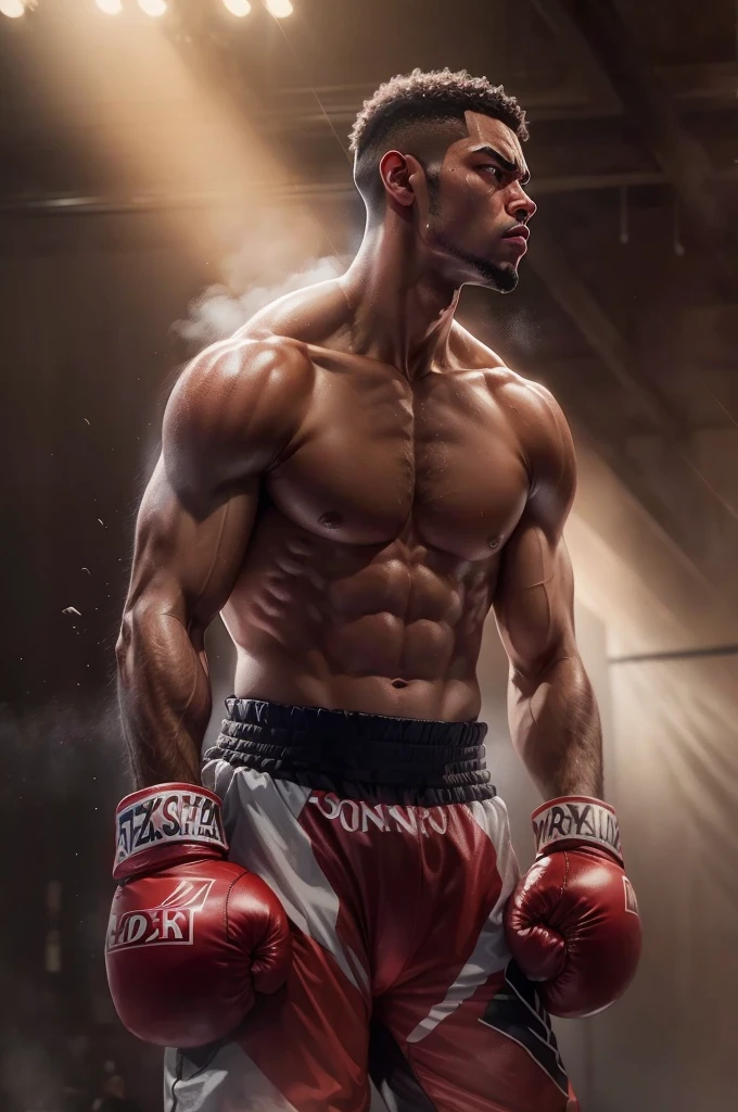 (digital painting)、(highest quality)、male, The boxer stands glaring at his opponent、I put my arms down and quietly wait for the moment., 8K Ultra Real、boxing clothes, brown skin, white breath, Sweat, steam, Spotlight