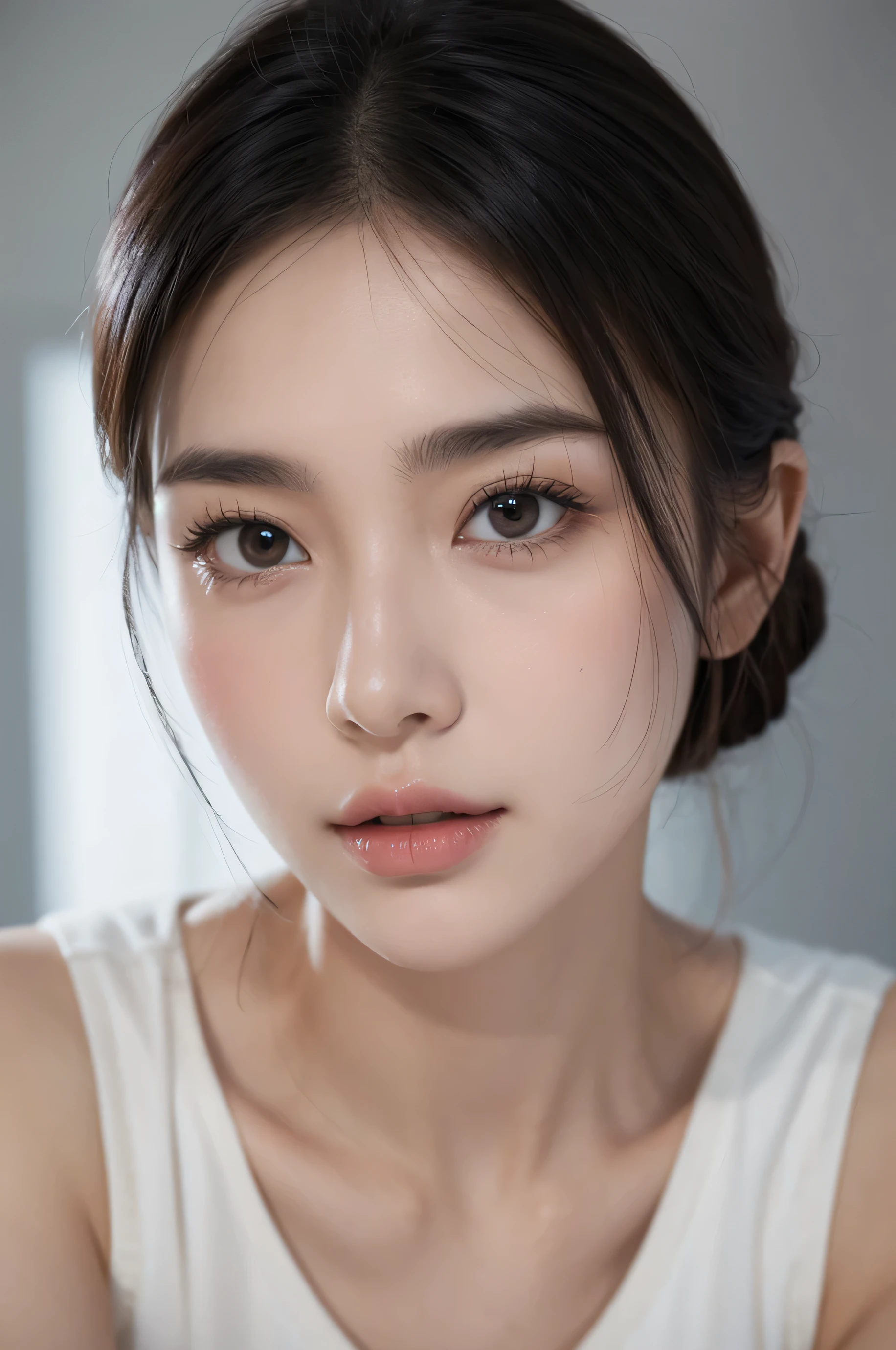 （（night view，Reality光，best quality，8k，masterpiece：1.3）），1 girl，Beautiful woman with plump body：1.4，（black hair，medium breasts：1.3），White shirt：1.3，sofa，Super detailed face，exquisite eyes，Double eyelid 8k picture quality，Chinese beautiful woman,face close-up，good facial features，gray background，Reality，Texture，pores，Texture，Moderate，Natural eyebrows，big eyes，defined eyebrows，Furry feeling，looking aside，natural stretch
