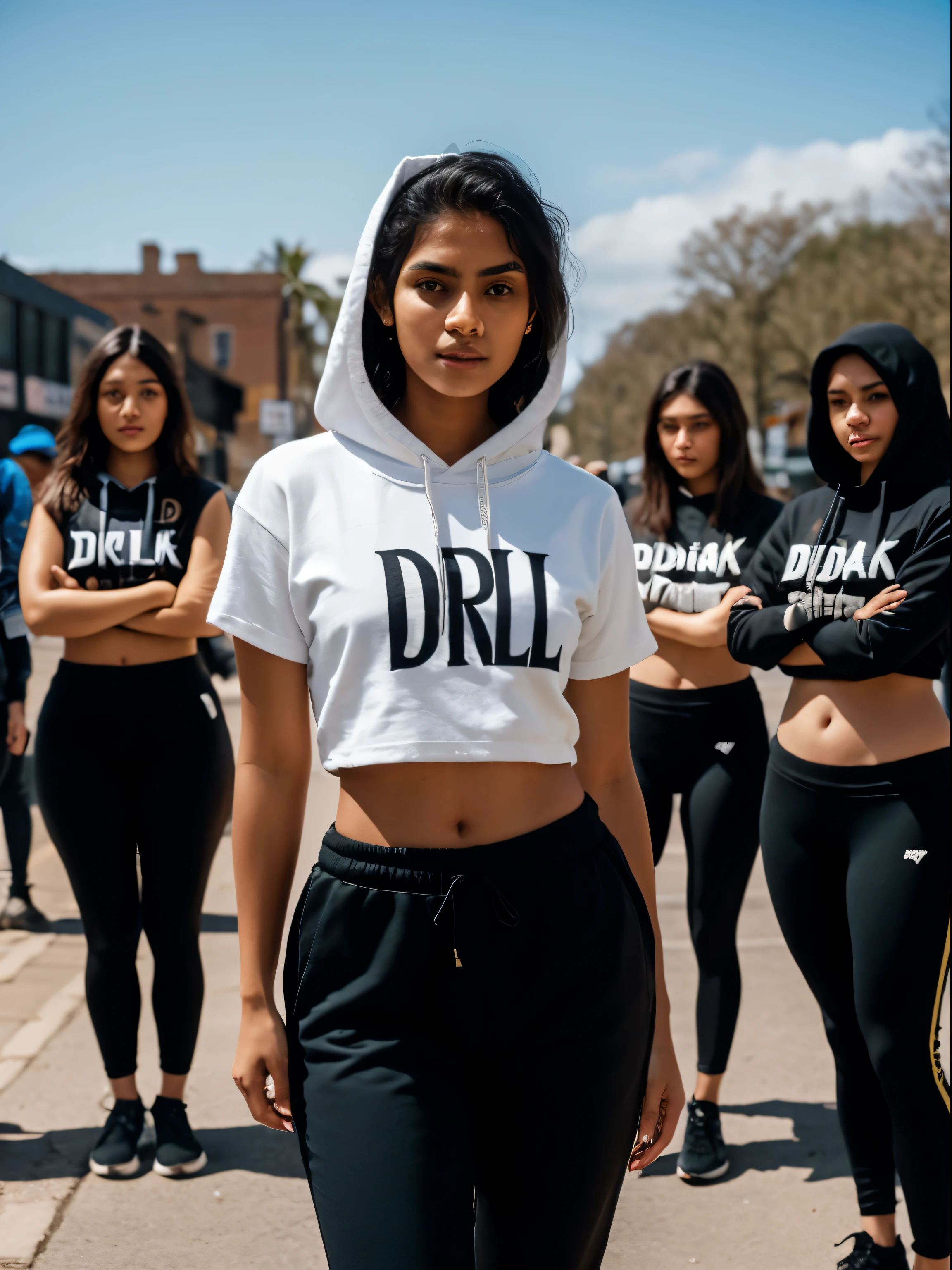 young, Beautiful Sri Lankan woman, standing together with a group of women standing guard, UK drill style, light brown skin, 20 years old, cute face with medium nose, sharp jawline, thin body, slim waist, tight hips, beautiful nice legs, medium size thighs, full black non colored long Hair, beautiful nice arms, beautiful nice hands, arms crossed, wearing balaclava, wearing a black hoodie with white outlines, wearing black long tight track pants with white outlines, UK roadman style, UK roadman clothing, realistic, detailed,Sharp, by Lee Jeffries Nikon D850 film Stock Photography 4 Kodak Portra 400 camera F1.6 Lens Rich, not blur background Colors Hyper Realistic Texture Dramatic Lighting Trend Unrealengine on ArtStation Cinestill 800