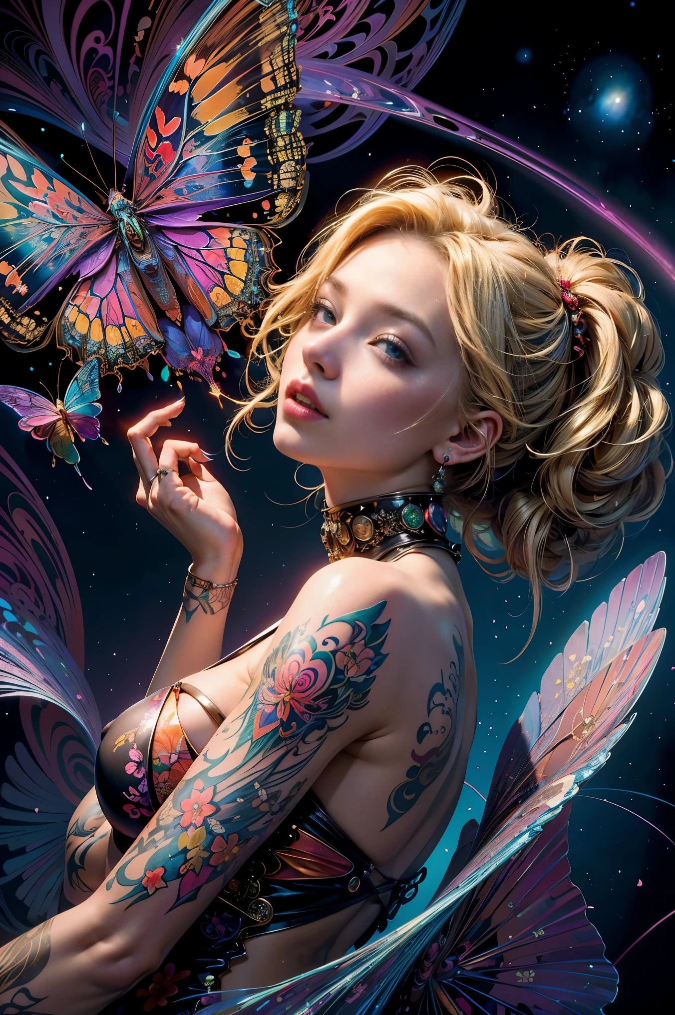 (masterpiece, top quality, best quality, official art, beautiful, cosmic, atmospheric, psychedelic, dreamlike and aesthetic:1.2), (1girl, blonde hair, tons of tattoos and piercings), extreme detailed,(fractal art:1.3),colorful,highest detailed, cherry blossoms and butterflies blowing in the wind 