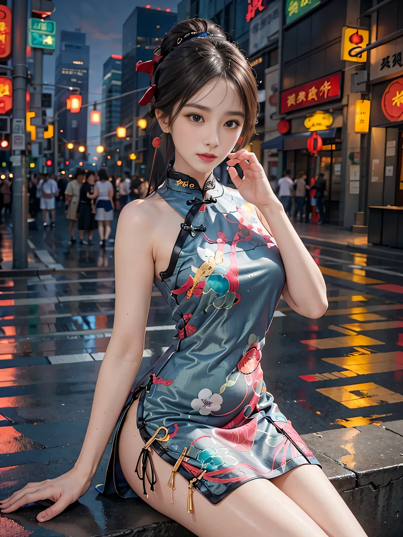 Random pose, (极其精致beautiful作品), (masterpiece), 1 girl, (qipao dress:1.7), (The legs are exposed:1.7), (show feet:1.7) ,charming的, Yao Liu, The legs are very thin, Very detailed, Lumbar leakage, Ponytail Contortion, charming的表情, beautiful and clear eyes, Green eye pupils, exquisite necklace, exquisite earrings, simple blurr background, extremely detailed description, beautiful, charming, Ultra-fine painting, delicate face, Exquisite figure, Delicate collarbone, charming的嘴唇, beautiful breasts, Soft back,(8k, original photo, best quality, masterpiece:1.2), (actual, lifelike:1.37),1 girl,charming的,beach, night, rain, wet, professional lighting, photon mapping, radio city, Physically based rendering,