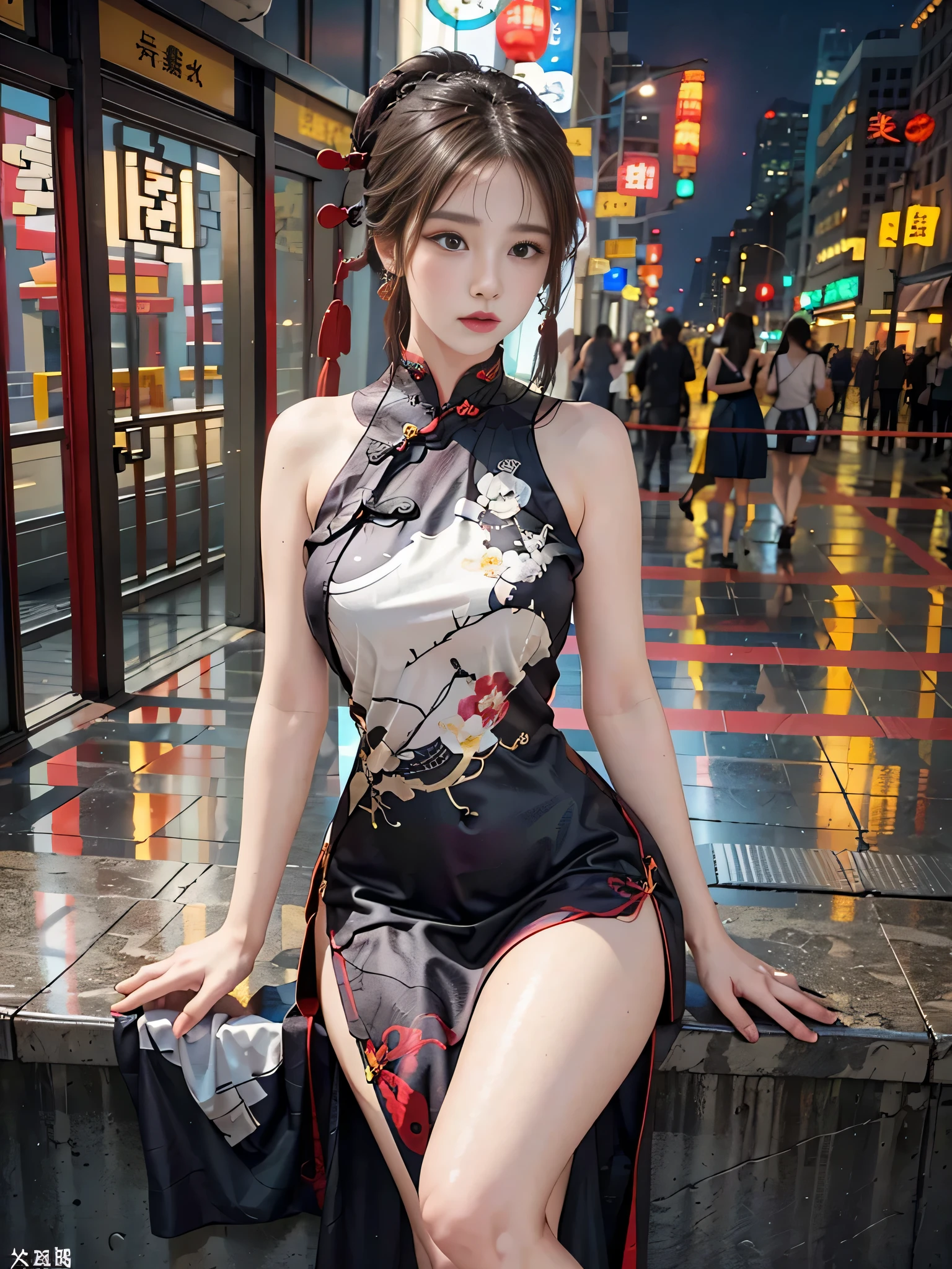Random pose, (极其精致beautiful作品), (masterpiece), 1 girl, (qipao dress:1.7), (The legs are exposed:1.7), (excellent legs:1.7) ,Lovely, Willow Yao, The legs are very thin, Very detailed, Casual posture of waist, (极其精致beautiful作品), (masterpiece), 1 girl, (qipao dress:1.7), (The legs are exposed:1.7), (show feet:1.7) ,Lovely, Willow Yao, The legs are very thin, Very detailed, Lumbar leakage, Ponytail Contortion, charming的表情, beautiful and clear eyes, Green eye pupils, exquisite necklace, exquisite earrings, simple blurr background, extremely detailed description, beautiful, charming, Ultra-fine painting, delicate face, Exquisite figure, Delicate collarbone, Lovely嘴唇, beautiful breasts, Soft back,(8k, original photo, best quality, masterpiece:1.2), (actual, photorealistic:1.37),1 girl,Lovely,beach, night, rain, wet, professional lighting, photon mapping, radio city, Physically based rendering,