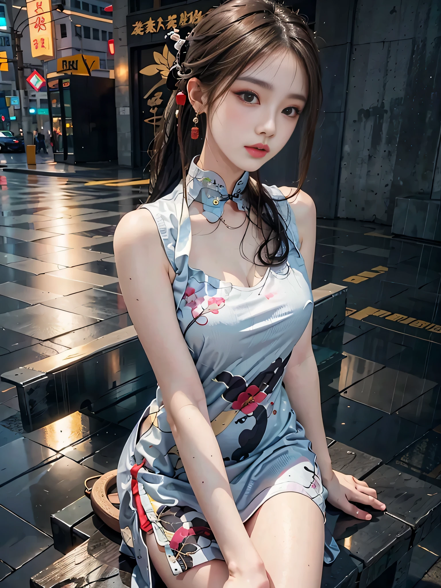 Random pose (极其精致beautiful作品), (masterpiece), 1 girl, (qipao dress: 1.7), (legs exposed: 1.7), (Pretty feet: 1.7), Lovely, Willow Yao, Slender legs, Very detailed, Casual posture of waist, (极其精致beautiful作品), (masterpiece), 1 girl, (qipao dress: 1.7), (The legs are exposed: 1.7), (show feed: 1.7), Lovely, narrow waiting, The legs are very thin, Very detailed, Waiting for leaks, ponytail traffic, Enhance expression, beautiful and Clear Eyes, Green eye pupils, exquisite necklace, exquisite earrings, simple blurr background, extremely detailed description, beautiful, charming, super fine painting, delicate face, Exquisite figure, Delicate collarbone, romantic lips, beautiful breaks, Soft back, (8k, original photo, best quality) masterpiece: 1.2), (actual, Photorealistic: 1.37), 1 girl, Lovely, beach, night, rain, wet, professional lighting, photo mapping, radio city